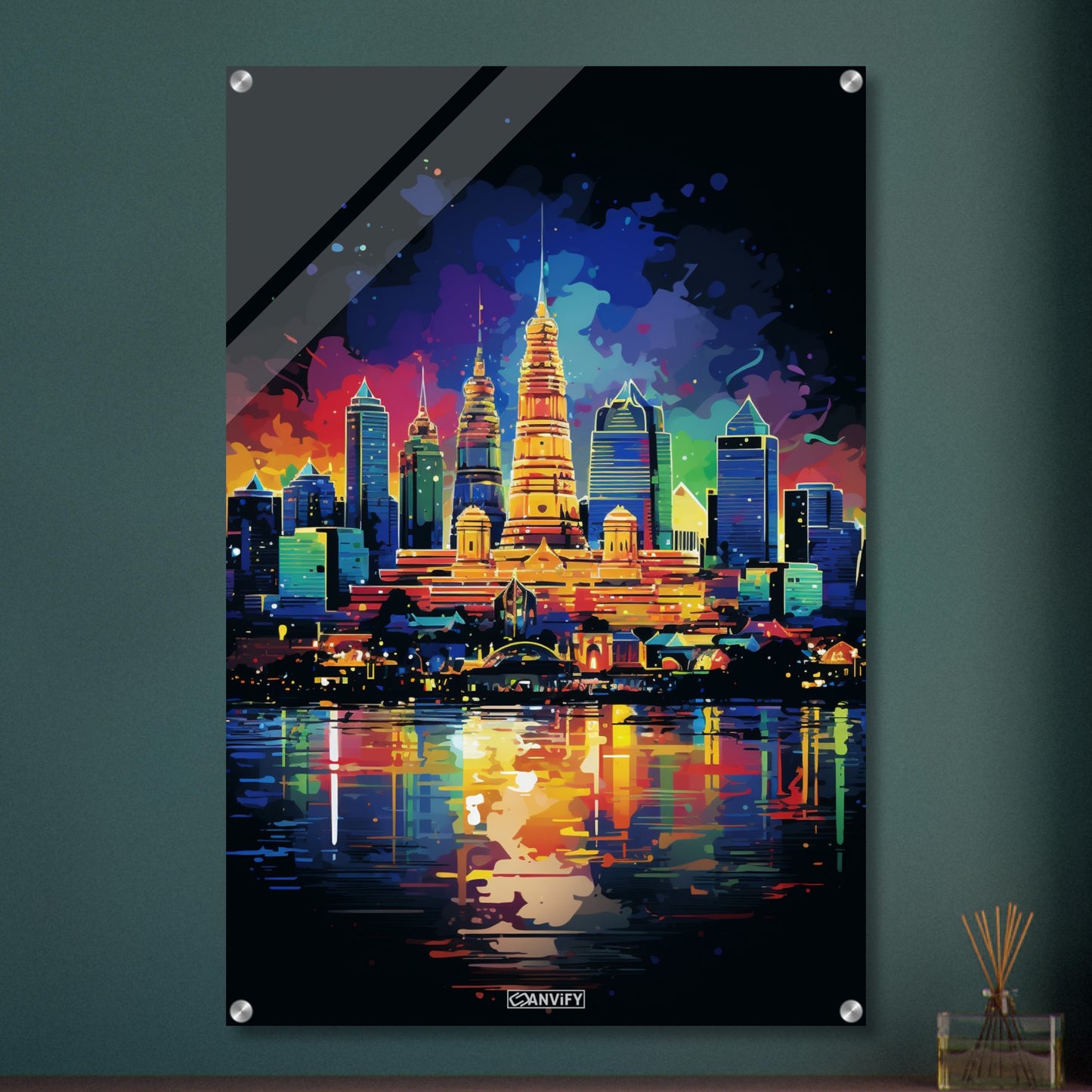 Buddhistischer Tempel in Bangkok namens Wat Arun in bunten Acrylfarben auf einem Acrylbild