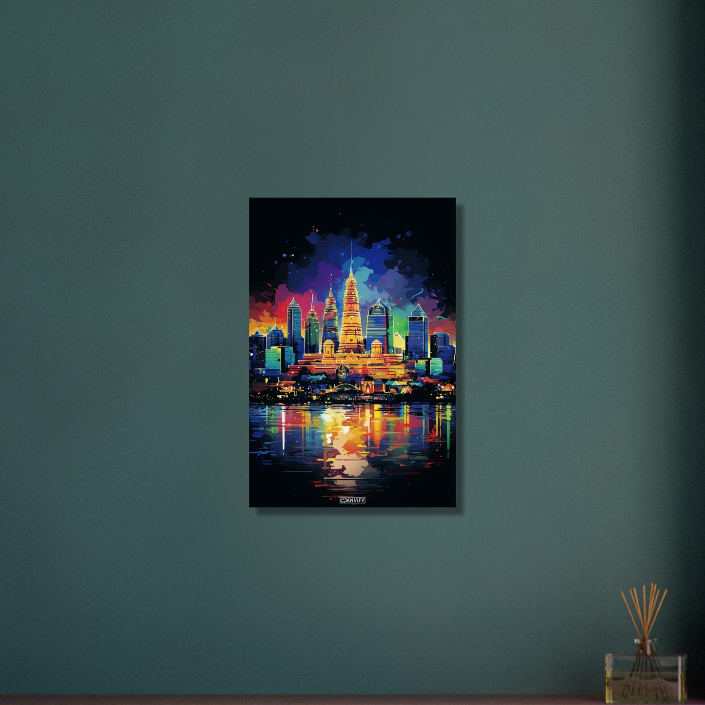 Buddhistischer Tempel in Bangkok namens Wat Arun in bunten Acrylfarben auf Aluminium