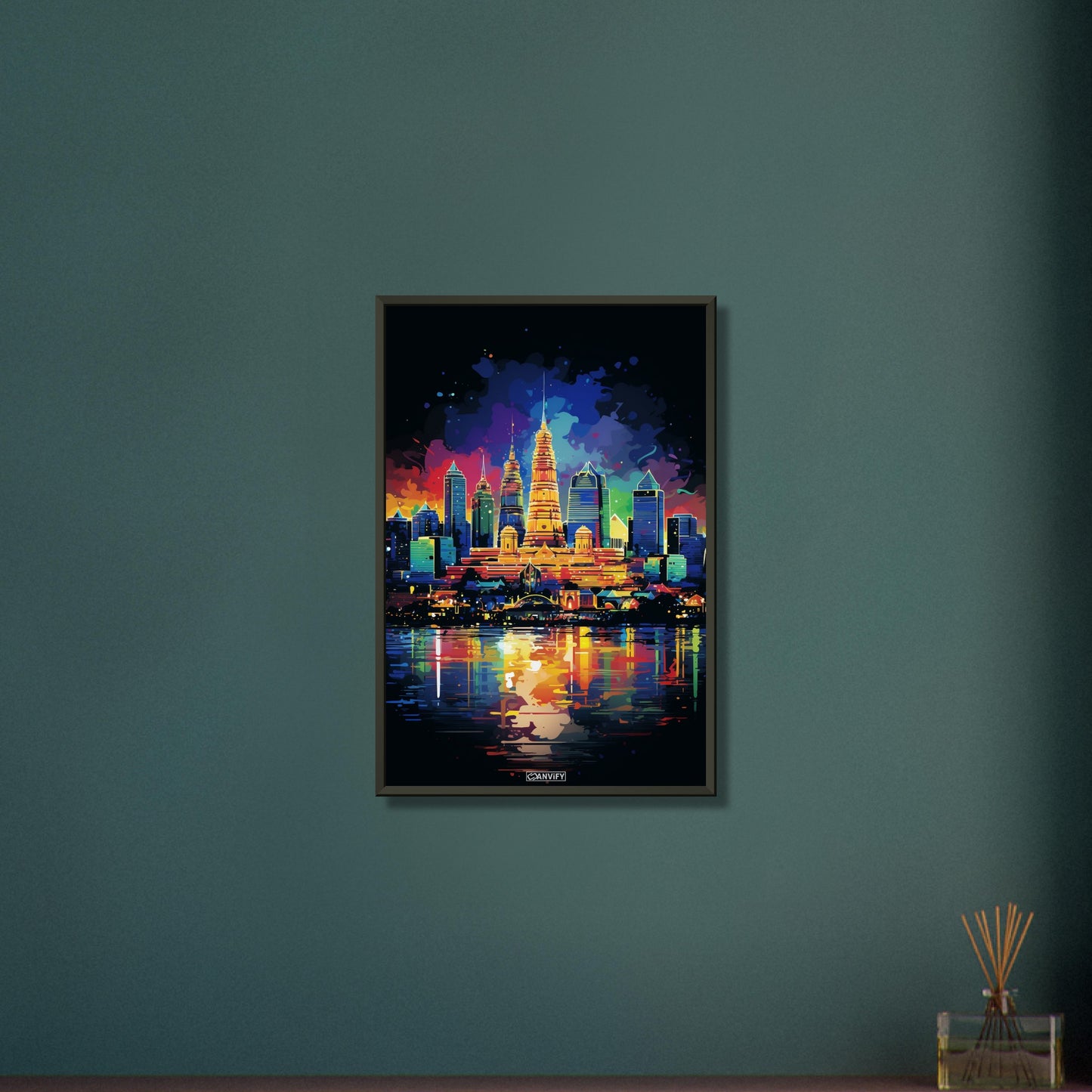 Buddhistischer Tempel in Bangkok namens Wat Arun in bunten Acrylfarben auf einem Poster im Metallrahmen