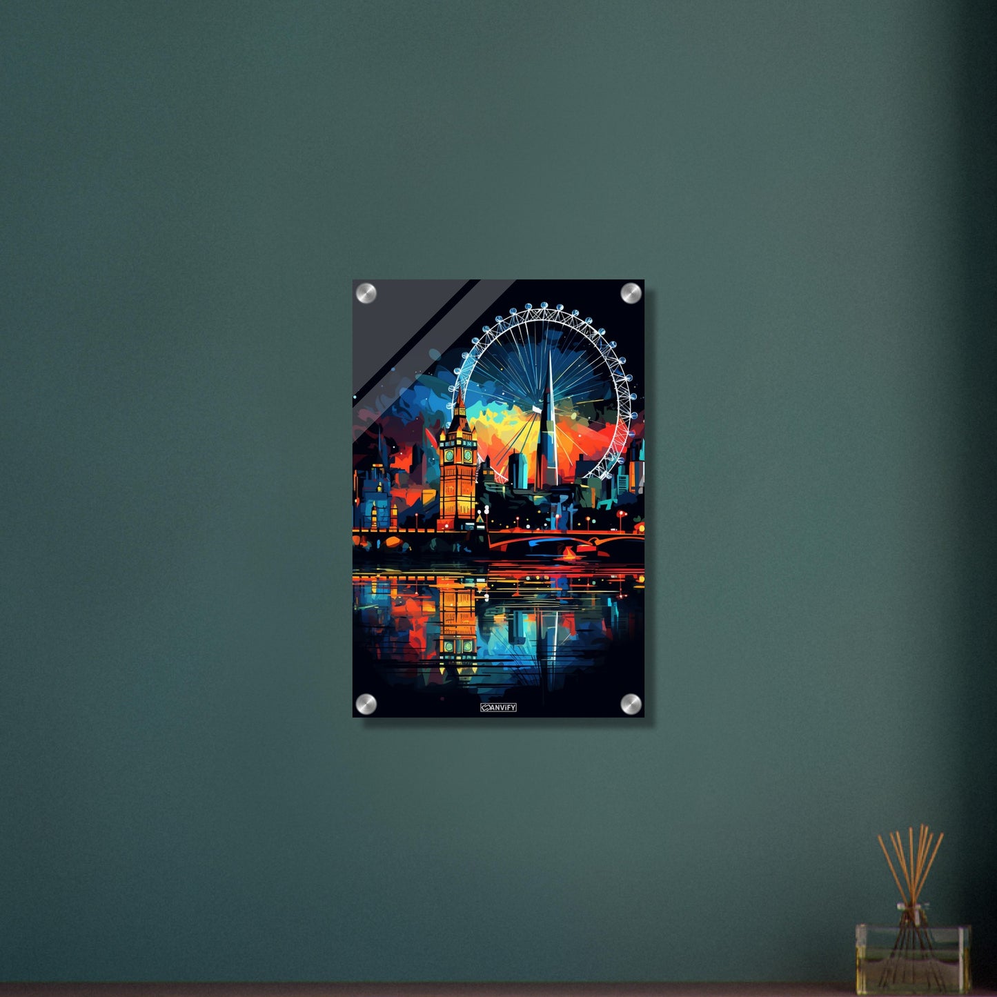 Riesenrad von London namens London Eye oder auch als Millennium Wheel bekannt in bunten Acrylfarben auf einem Acrylbild
