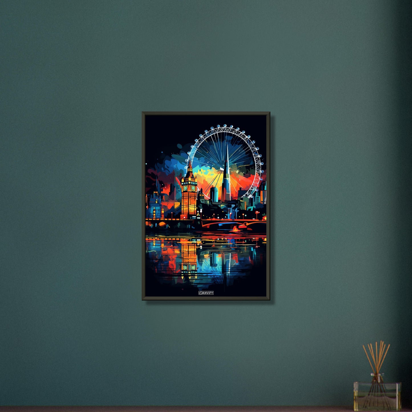 Riesenrad von London namens London Eye oder auch als Millennium Wheel bekannt in bunten Acrylfarben auf einem Poster im Metallrahmen
