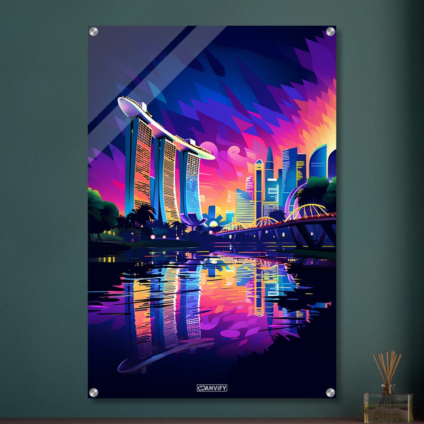 Größtes Hotel in Singapur namens Marina Bay Sands in Acrylfarben auf einem Acrylbild