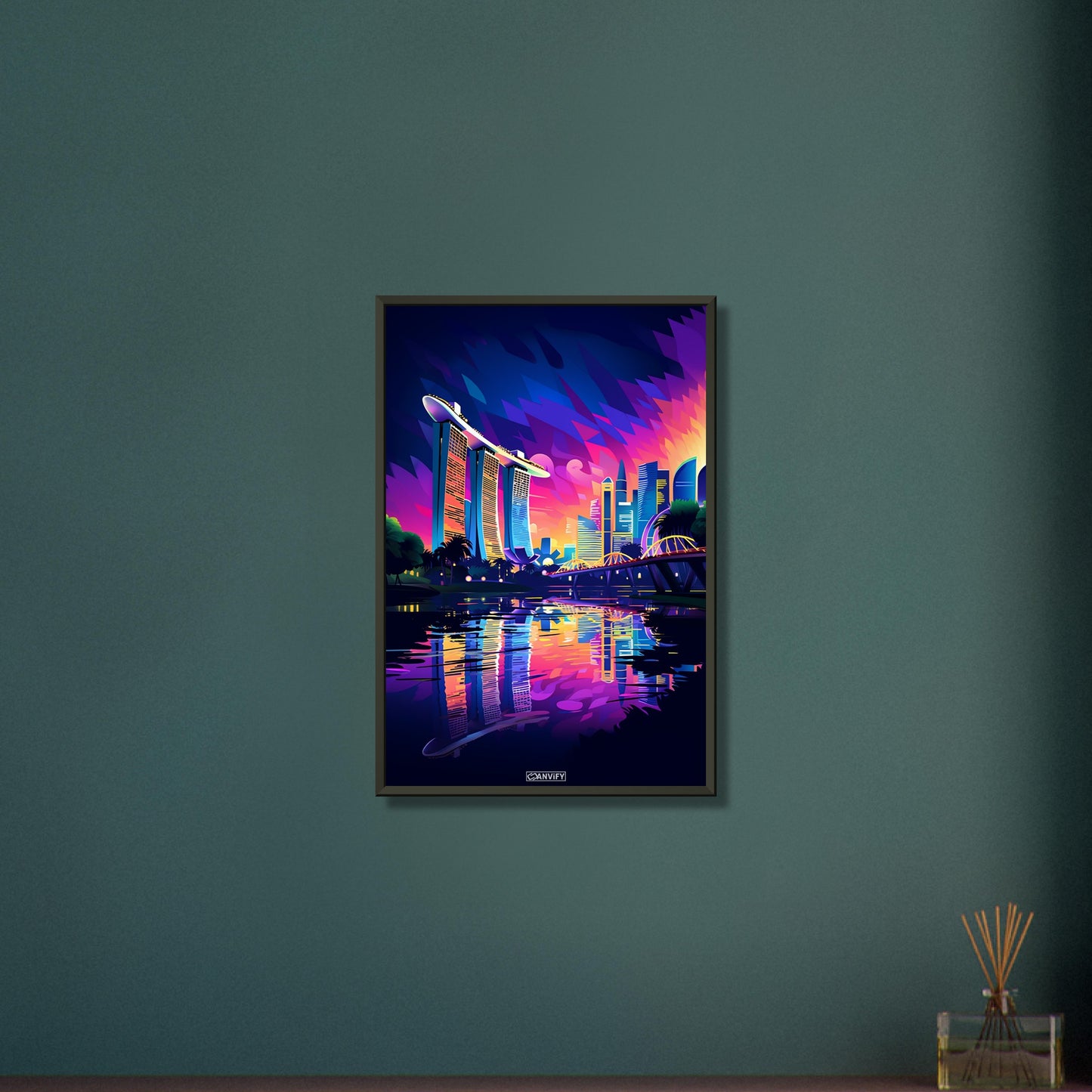 Größtes Hotel in Singapur namens Marina Bay Sands in Acrylfarben auf einem Poster im Metallrahmen