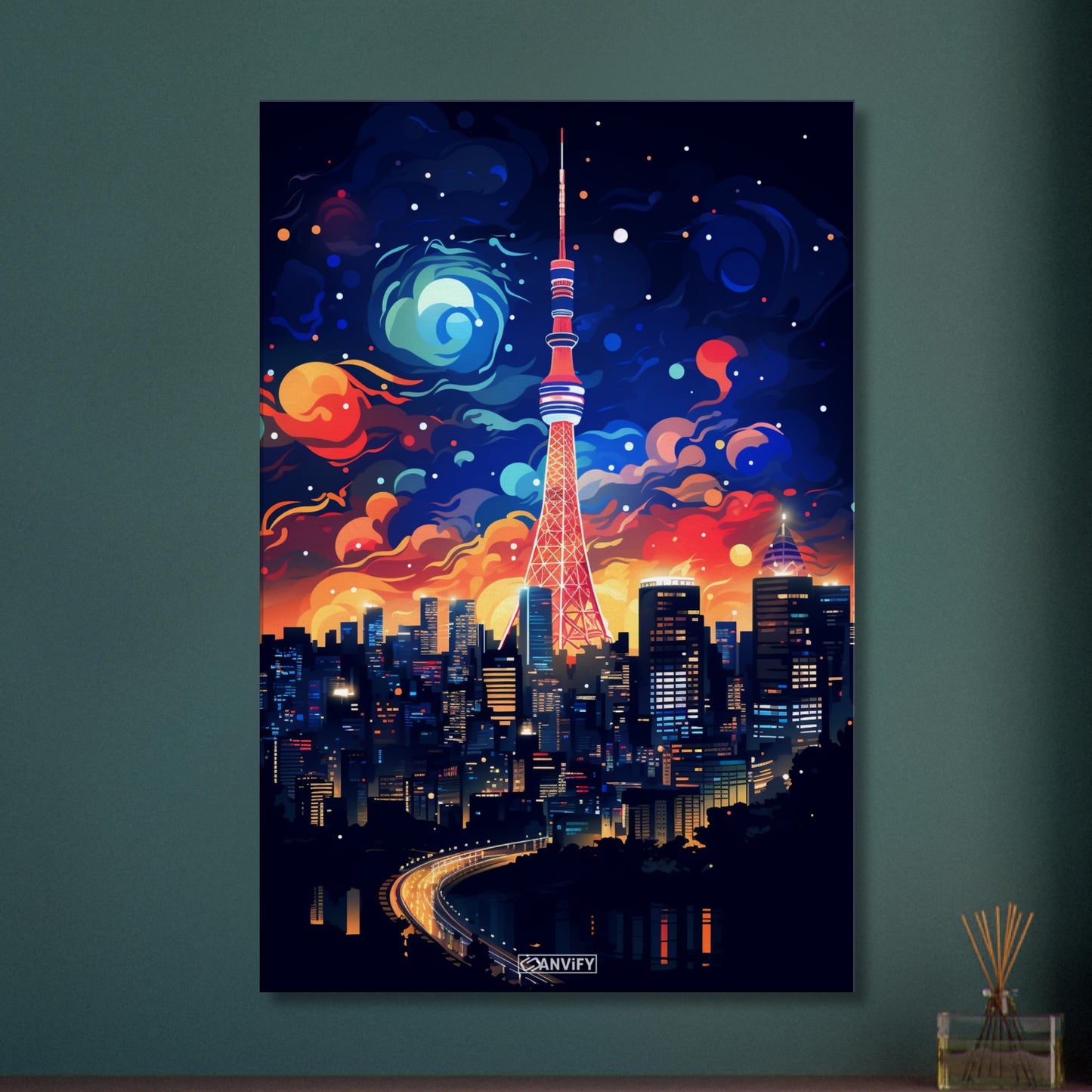 Japans Hauptstadt Tokyo in bunten Acrylfarben auf einer Leinwand