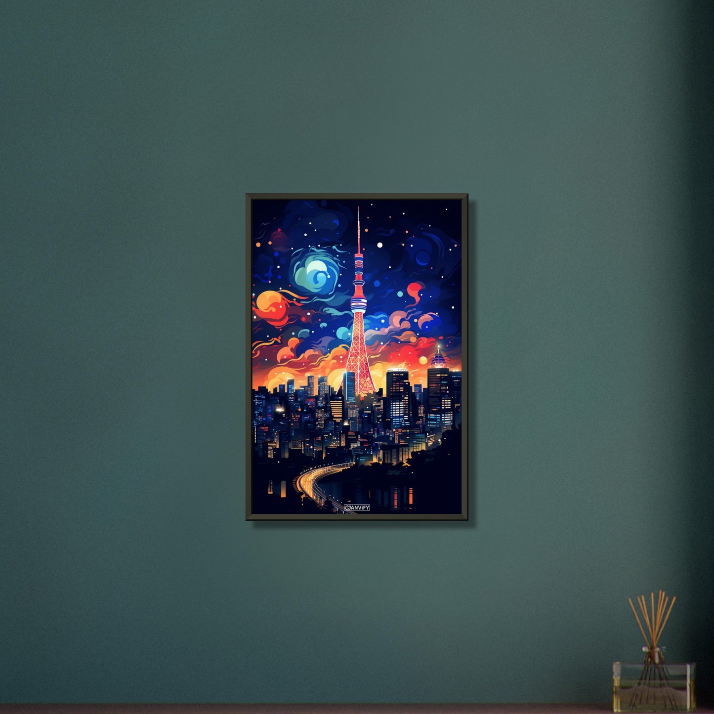 Japans Hauptstadt Tokyo in bunten Acrylfarben auf einem Poster im Metallrahmen