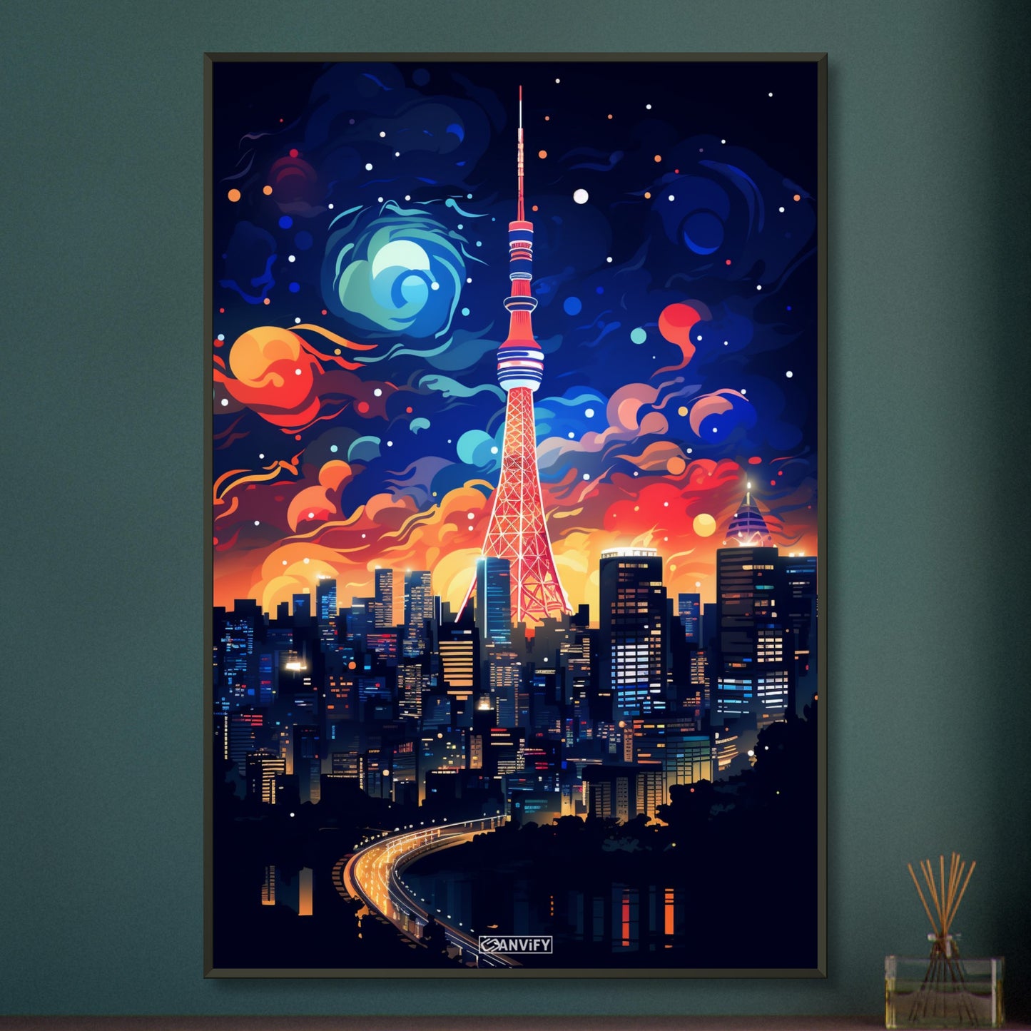 Japans Hauptstadt Tokyo in bunten Acrylfarben auf einem Poster im Metallrahmen
