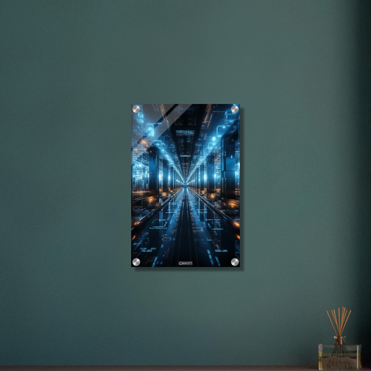Interstellarer Serverraum in blauen Farben auf einem Acrylbild
