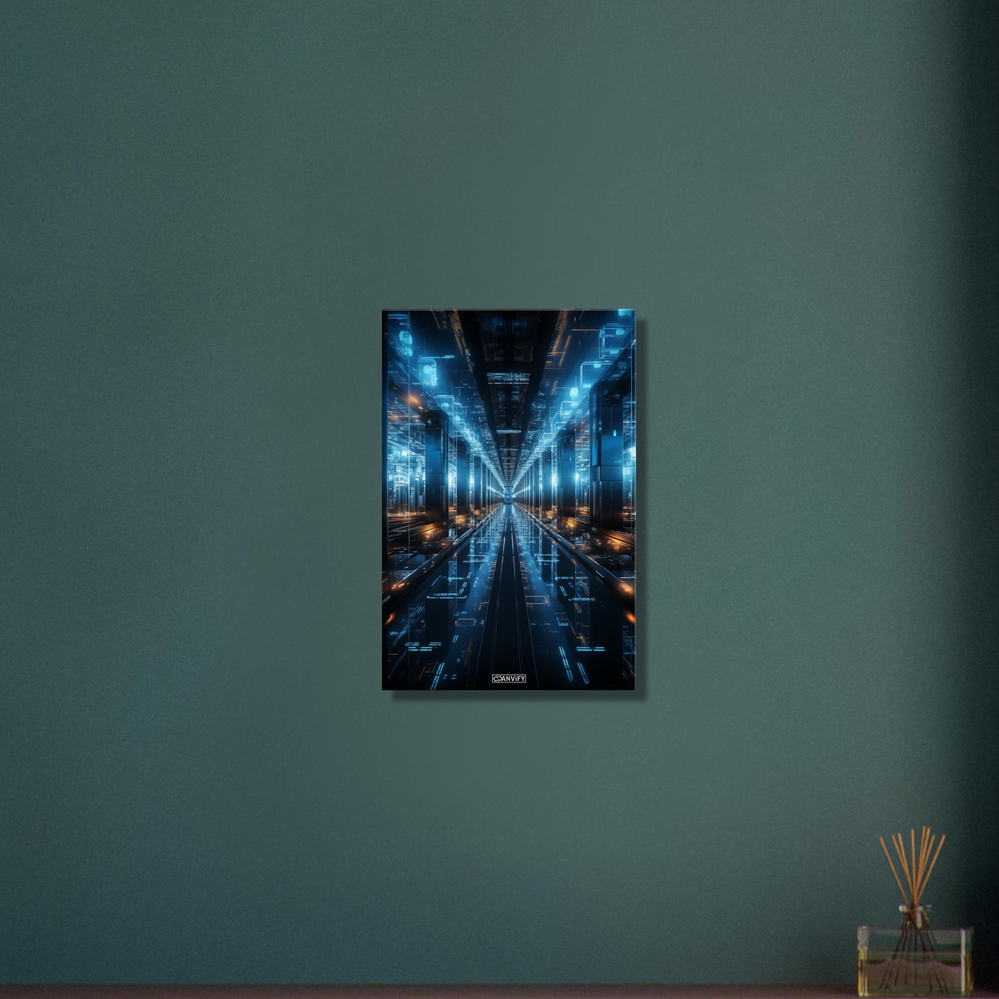 Interstellarer Serverraum in blauen Farben auf einer Leinwand