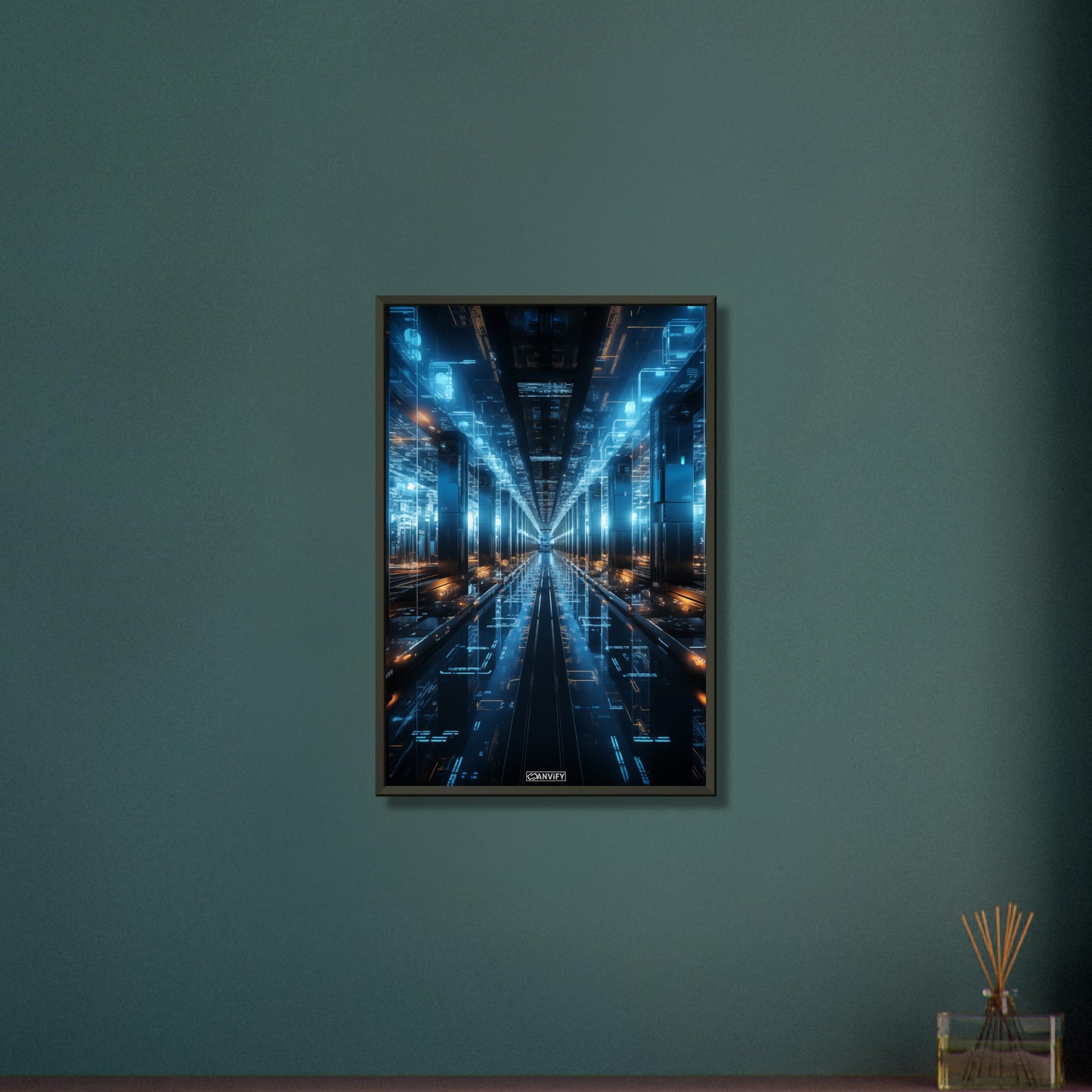 Interstellarer Serverraum in blauen Farben auf einem Poster im Metallrahmen