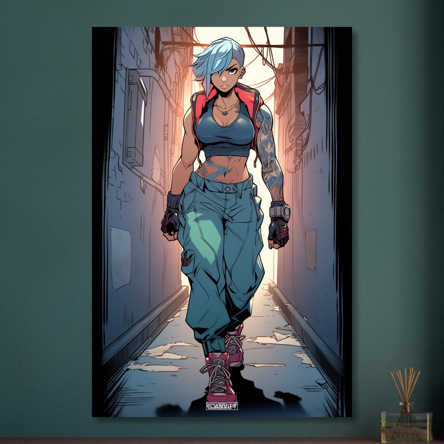 Weibliche Actionfigur mit Tattoos gezeichnet auf Aluminium