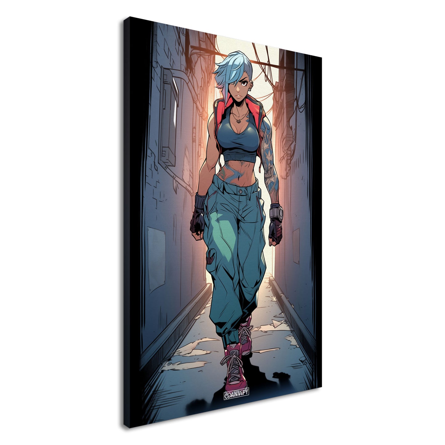 Weibliche Actionfigur mit Tattoos gezeichnet auf einer Leinwand