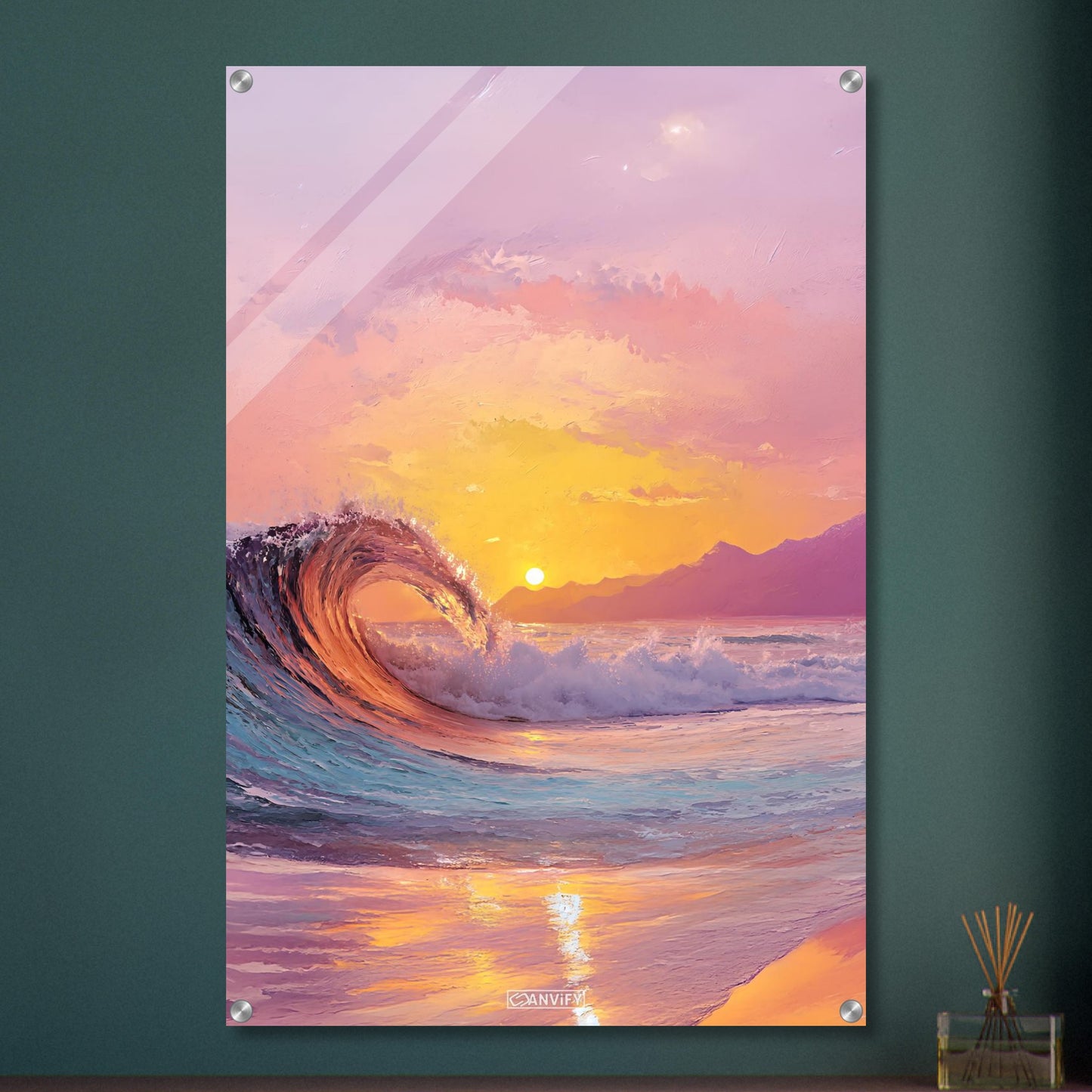Atemberaubende Welle im Sonnenuntergang in Acrylfarben auf einem Acrylbild