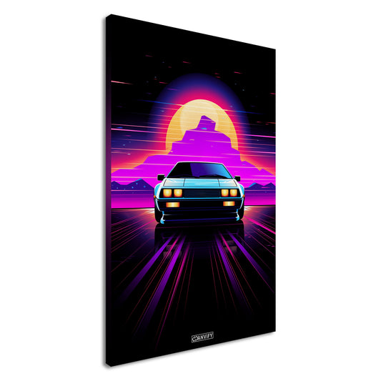 DeLorean DMC-12 aus dem Film Zurück in die Zukunft im einfachen Retrodesign und Blau und Lila Farbtönen auf einer Leinwand