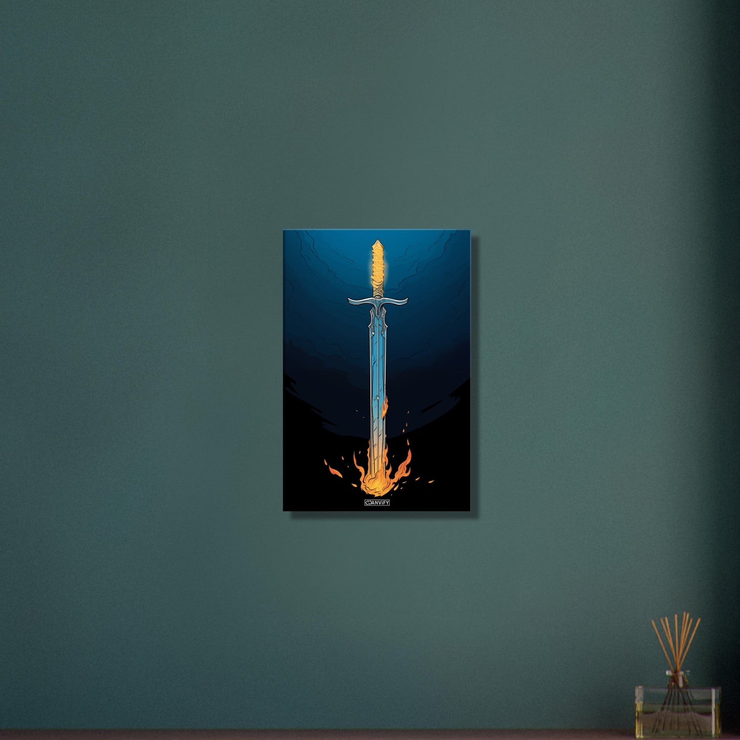 Glühendes Schwert im Stil von Excalibur auf einer Leinwand