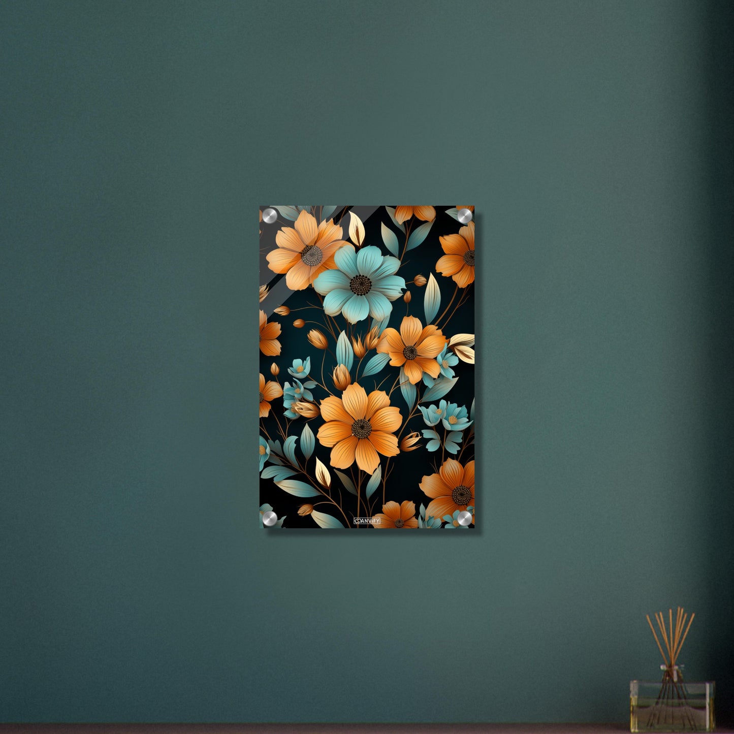 Blaue und Orange Sonnenblumen auf einem Acrylbild