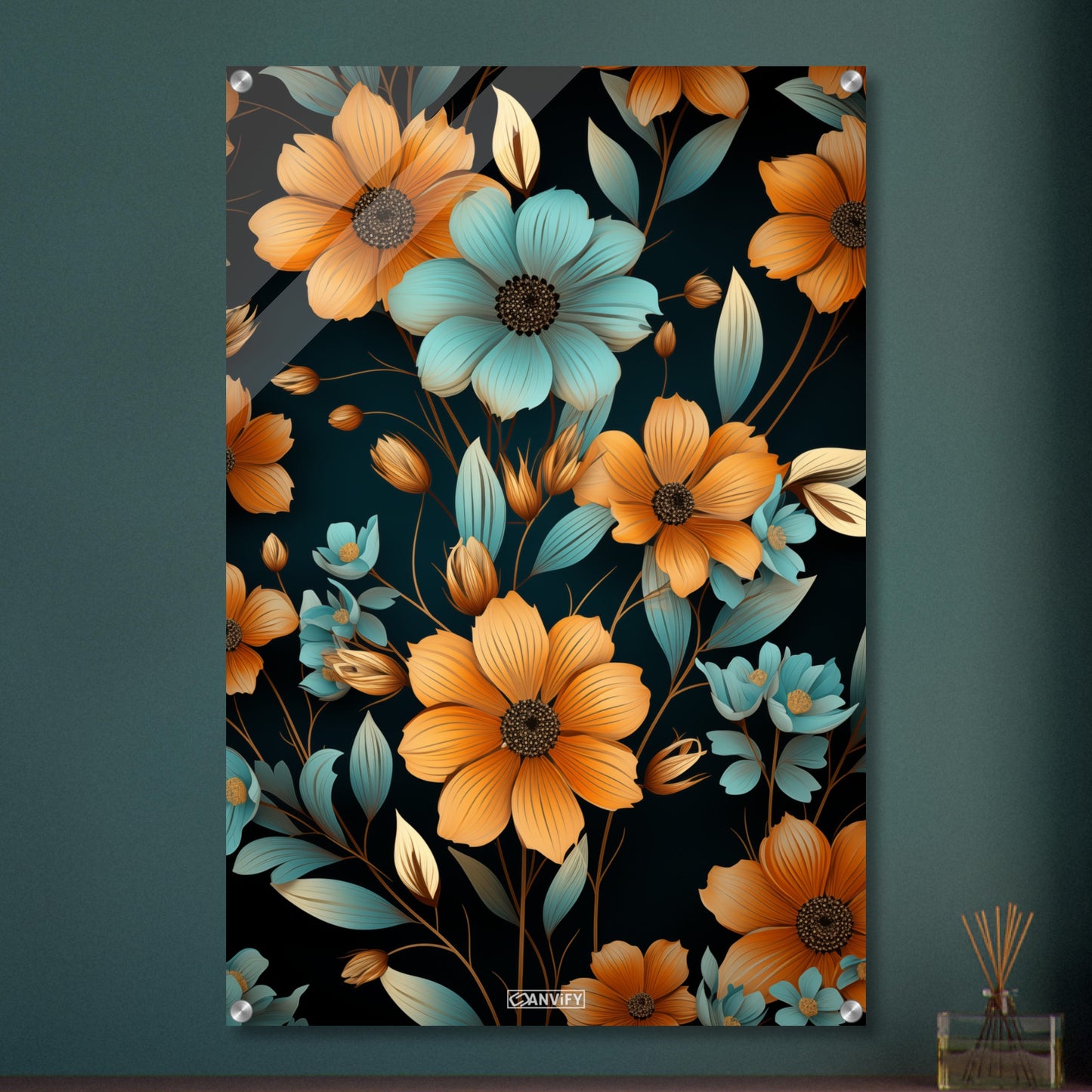 Blaue und Orange Sonnenblumen auf einem Acrylbild