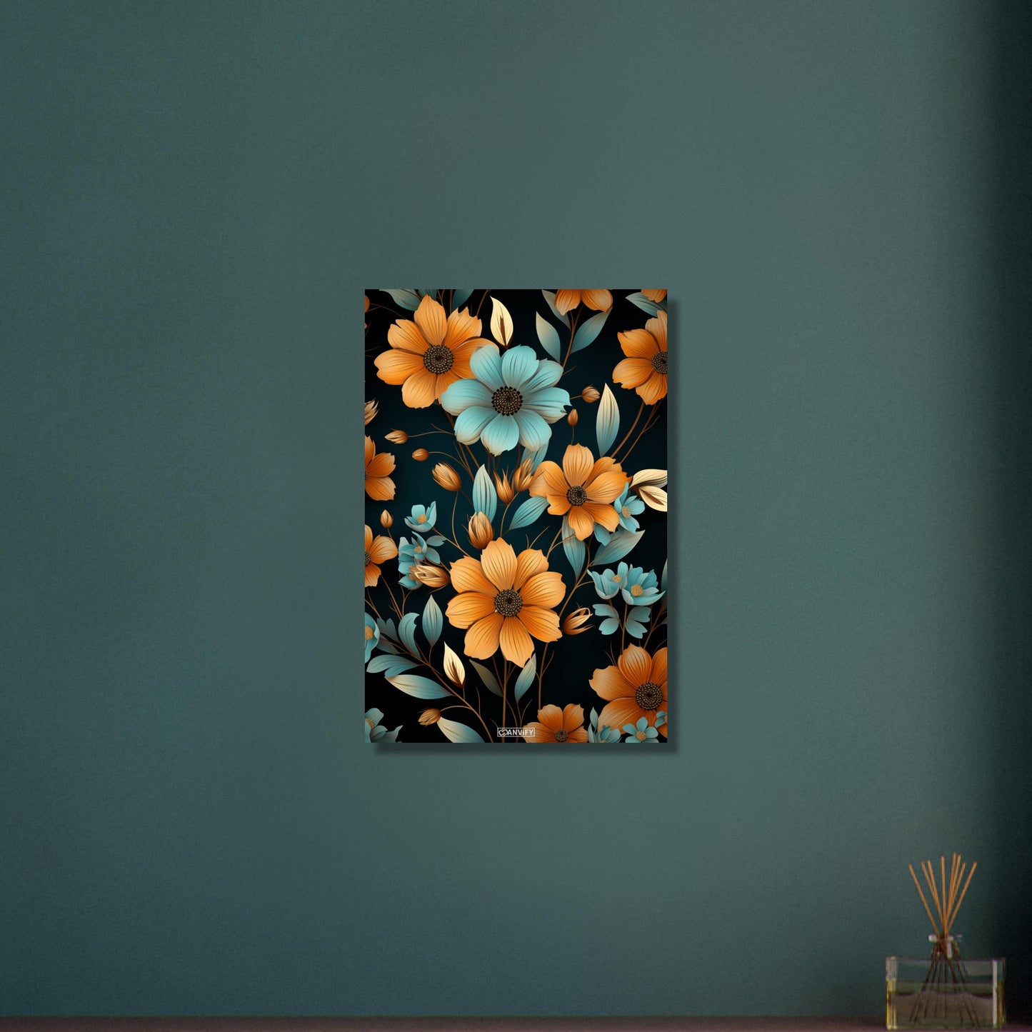 Blaue und Orange Sonnenblumen auf Aluminium