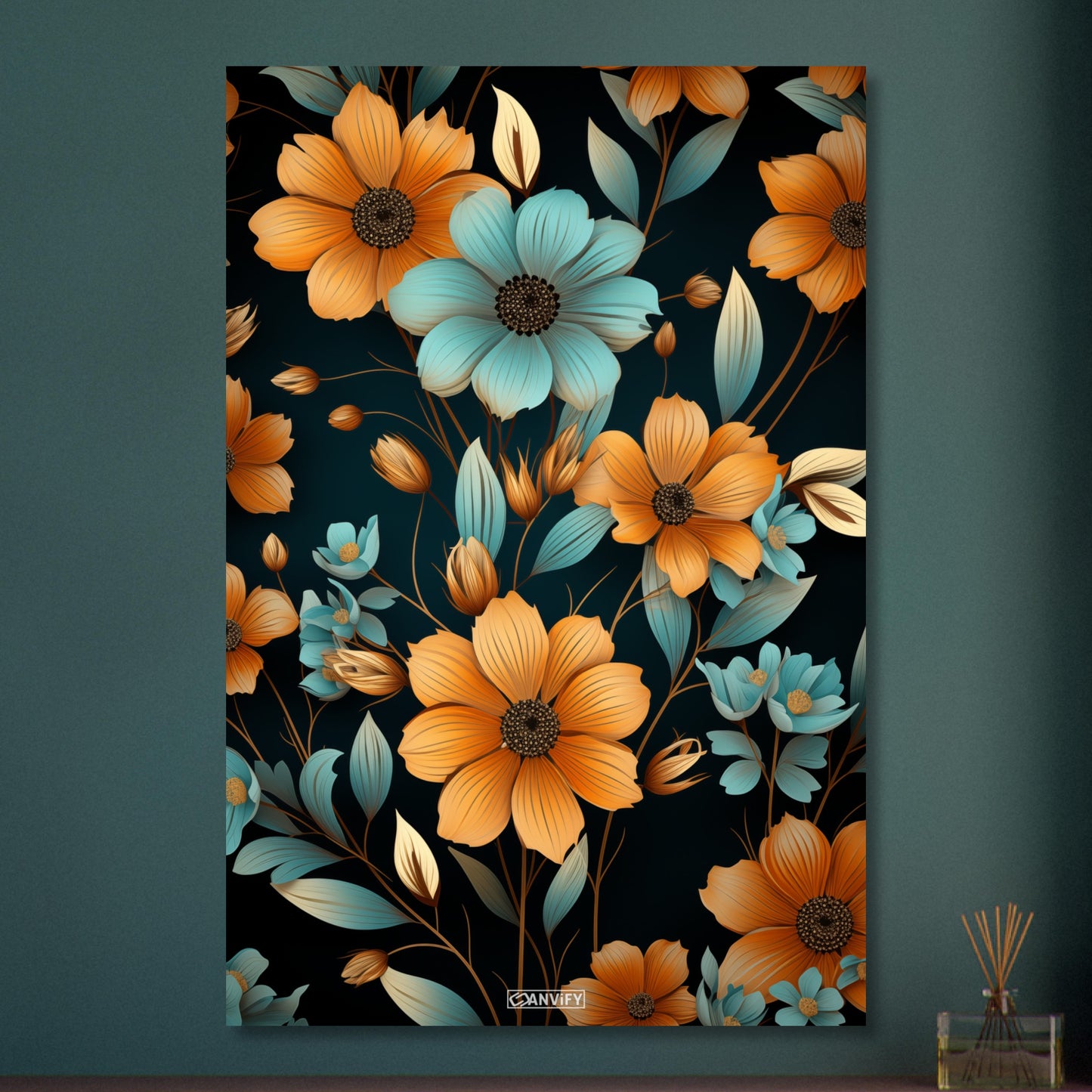 Blaue und Orange Sonnenblumen auf Aluminium