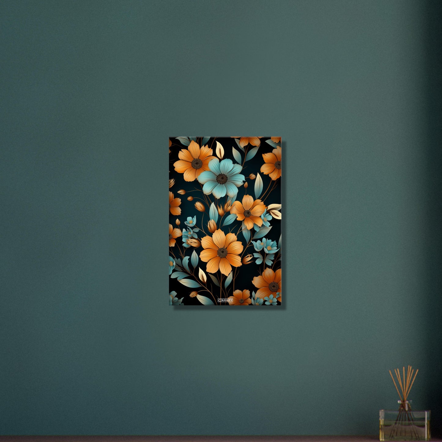 Blaue und Orange Sonnenblumen auf einer Leinwand