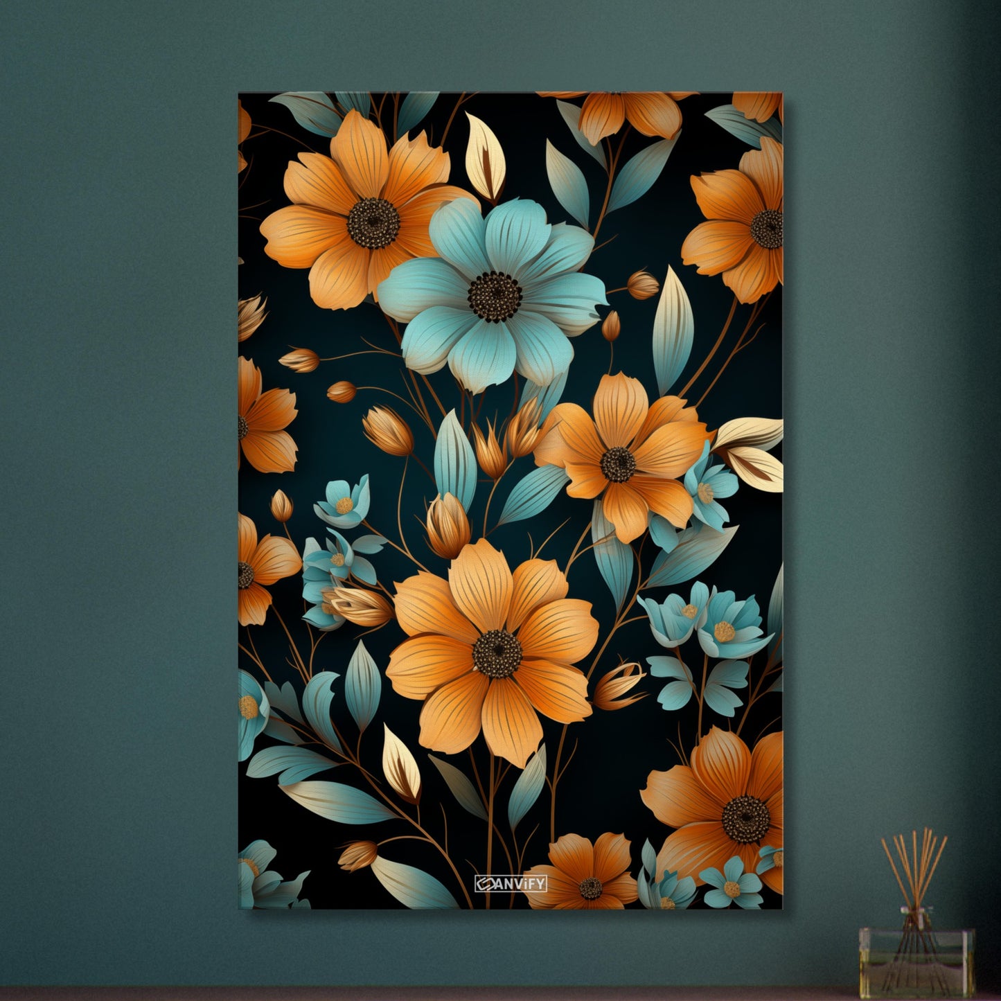 Blaue und Orange Sonnenblumen auf einer Leinwand