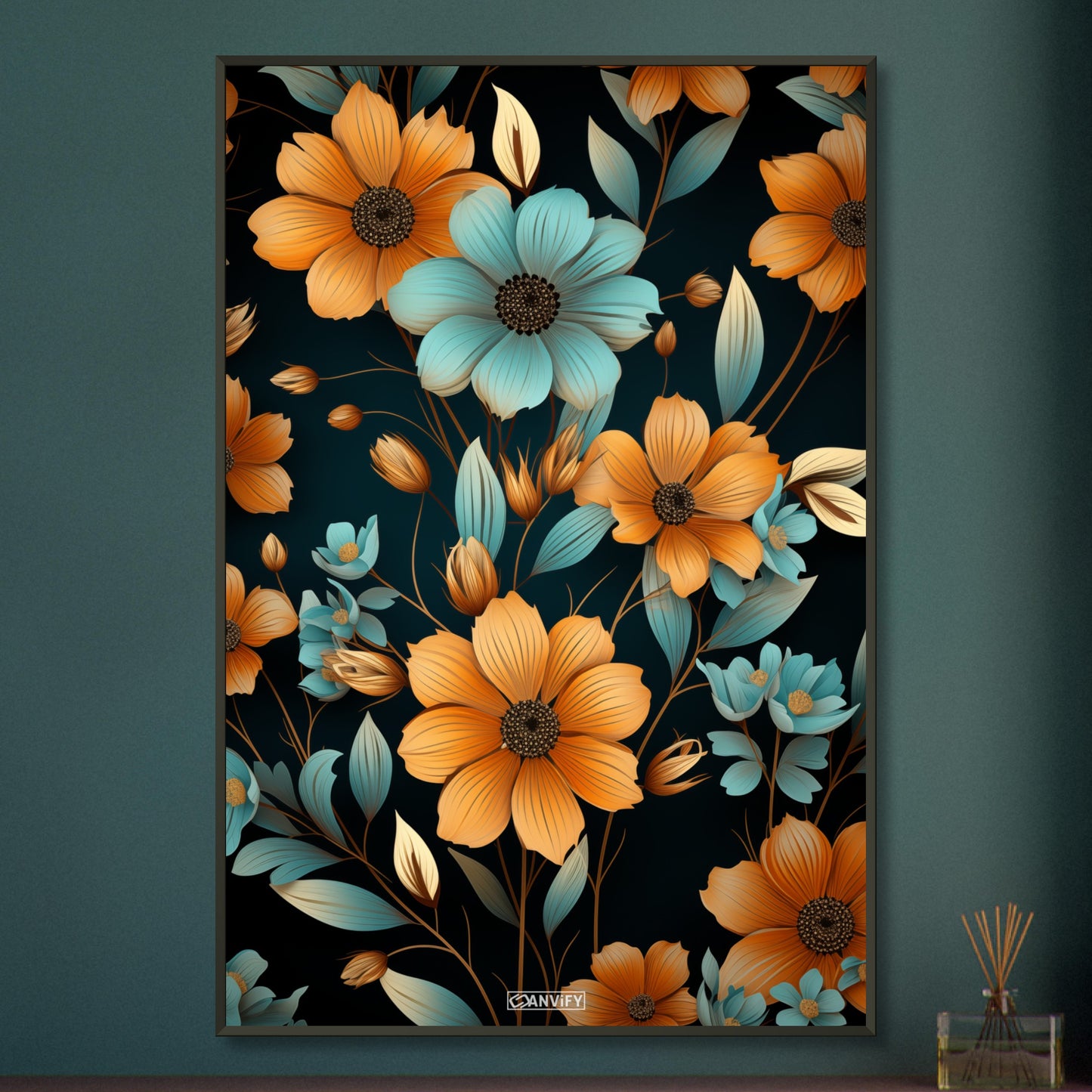 Blaue und Orange Sonnenblumen auf einem Poster im Metallrahmen