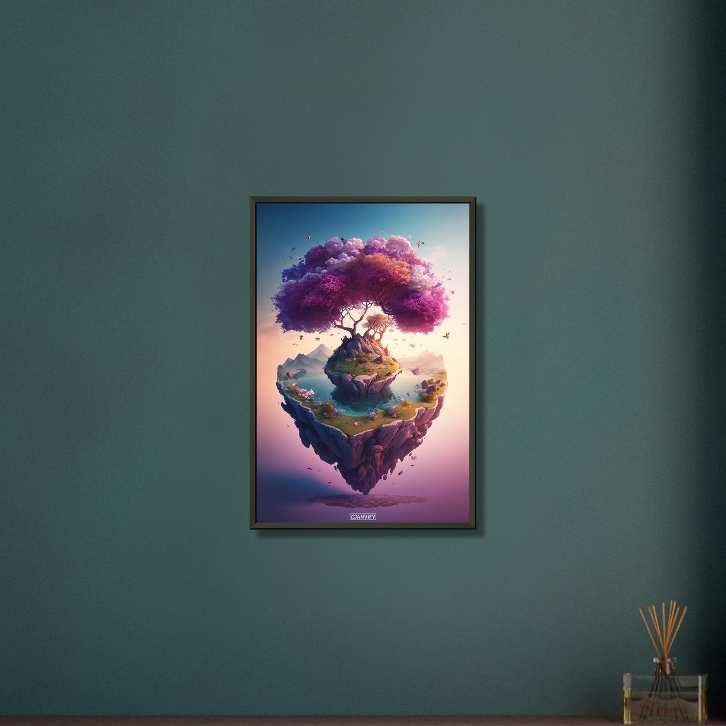 Kirschblütenbaum mit einem See auf einer schwebenden Insel auf einem Poster im Metallrahmen