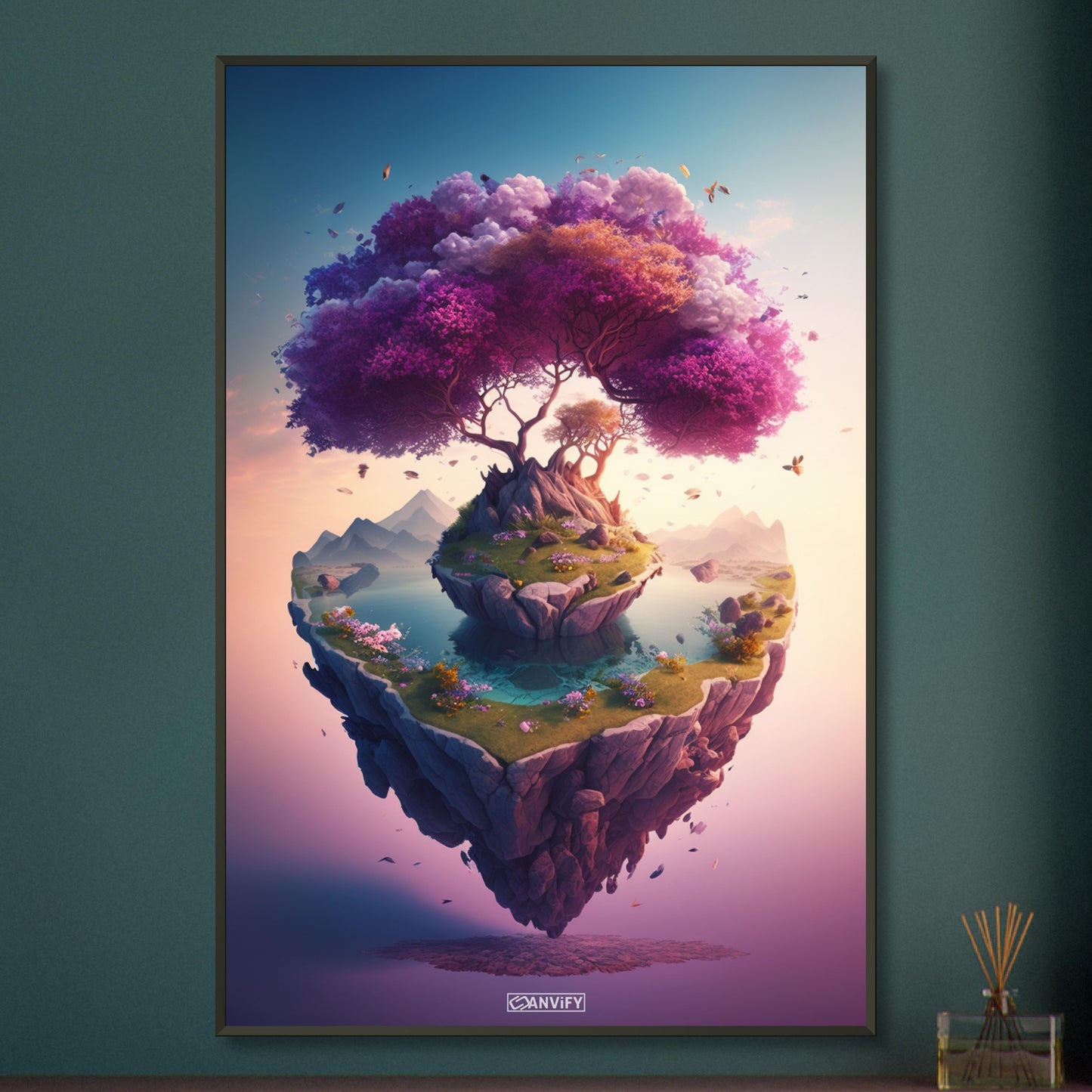 Kirschblütenbaum mit einem See auf einer schwebenden Insel auf einem Poster im Metallrahmen