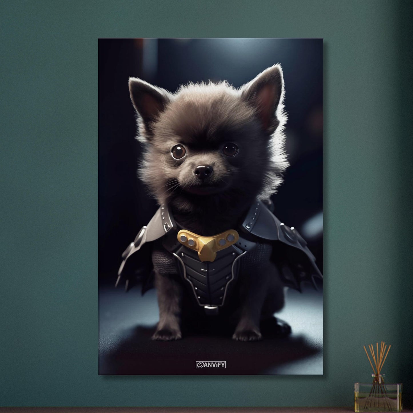 Zwergspitz in einem Superhelden Kostüm von Batman alias The Dark Knight auf einer Leinwand