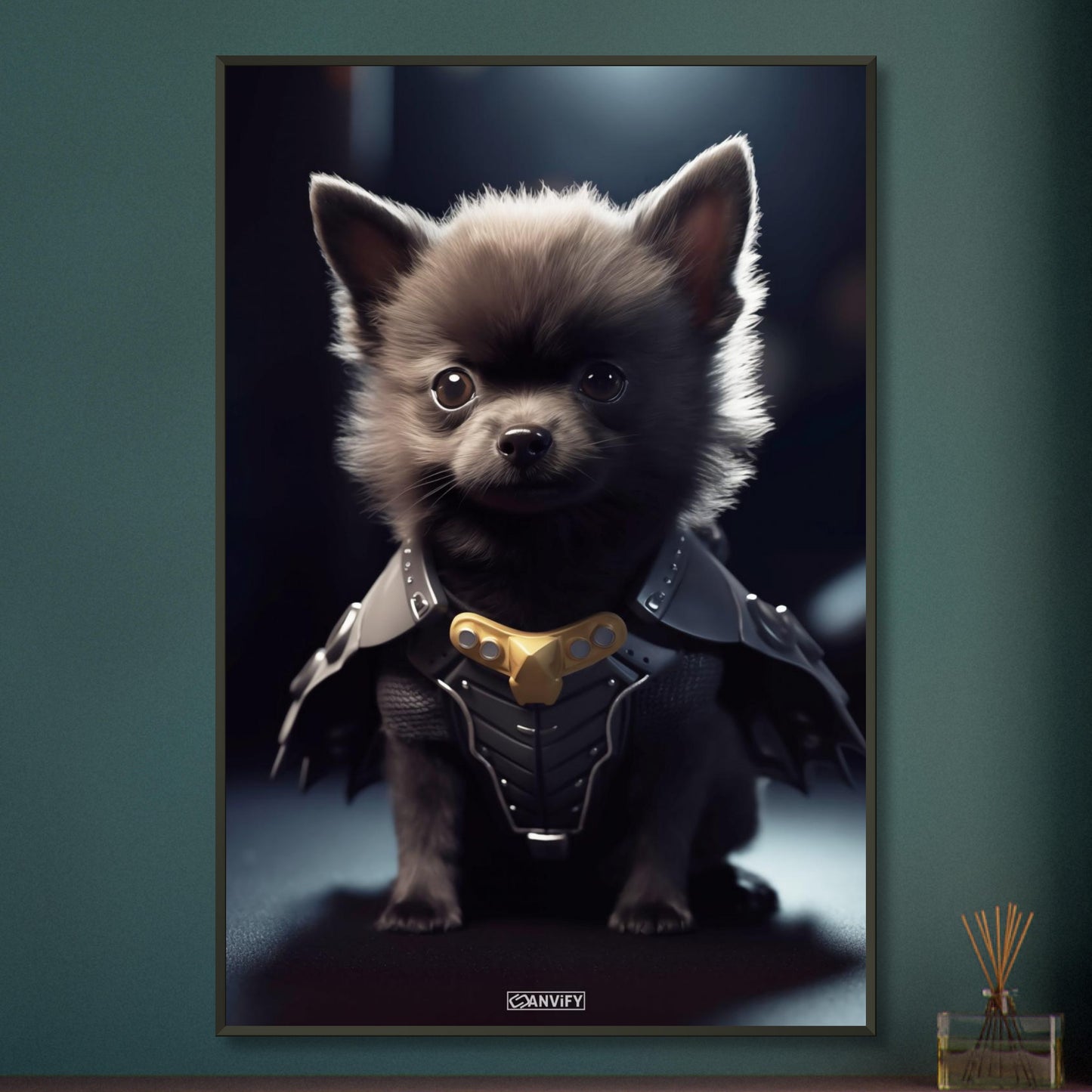 Zwergspitz in einem Superhelden Kostüm von Batman alias The Dark Knight auf einem Poster im Metallrahmen