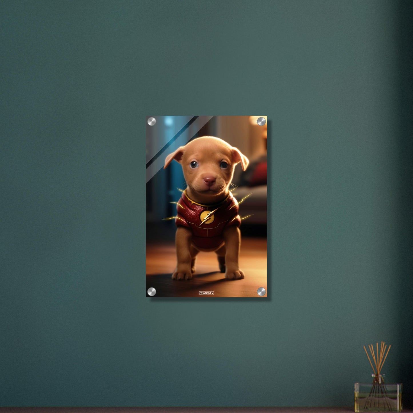 Golden Retriever in einem Superhelden Kostüm von The Flash auf einem Acrylbild