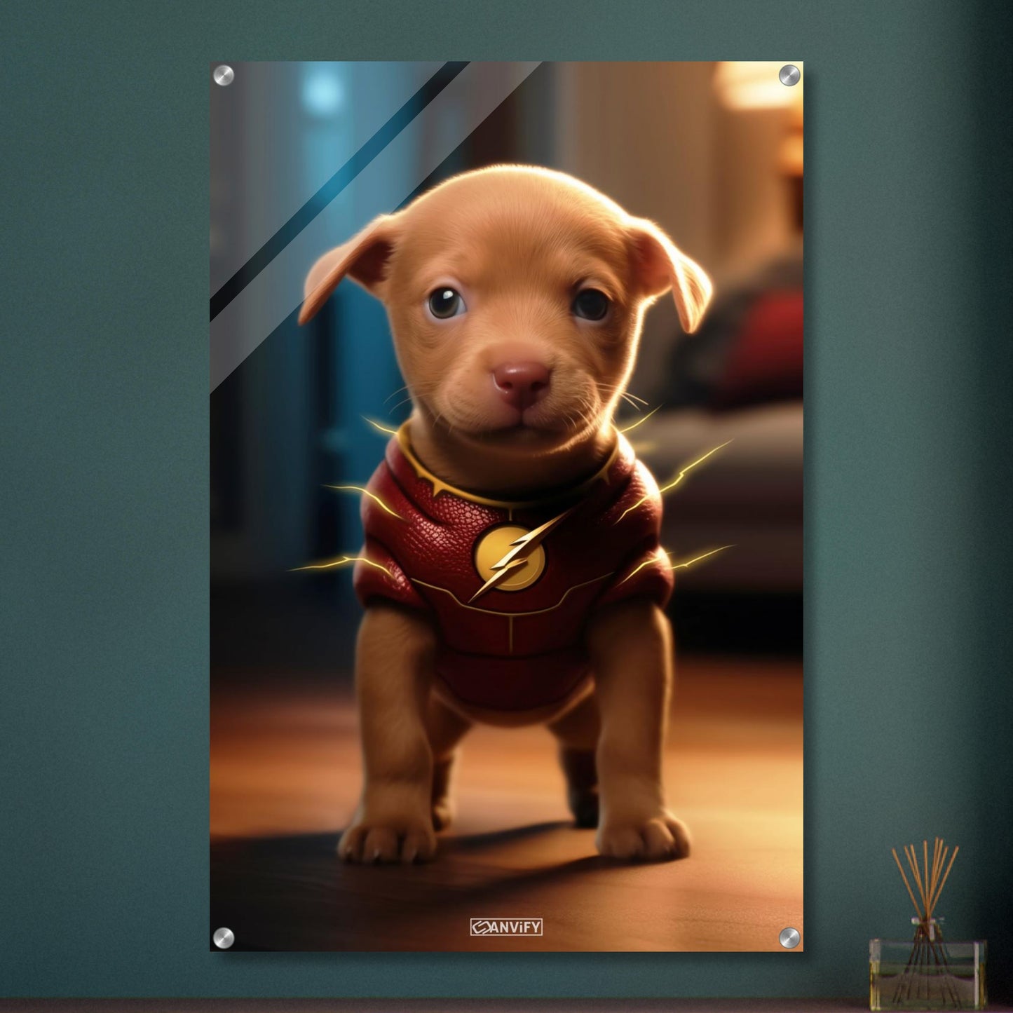 Golden Retriever in einem Superhelden Kostüm von The Flash auf einem Acrylbild