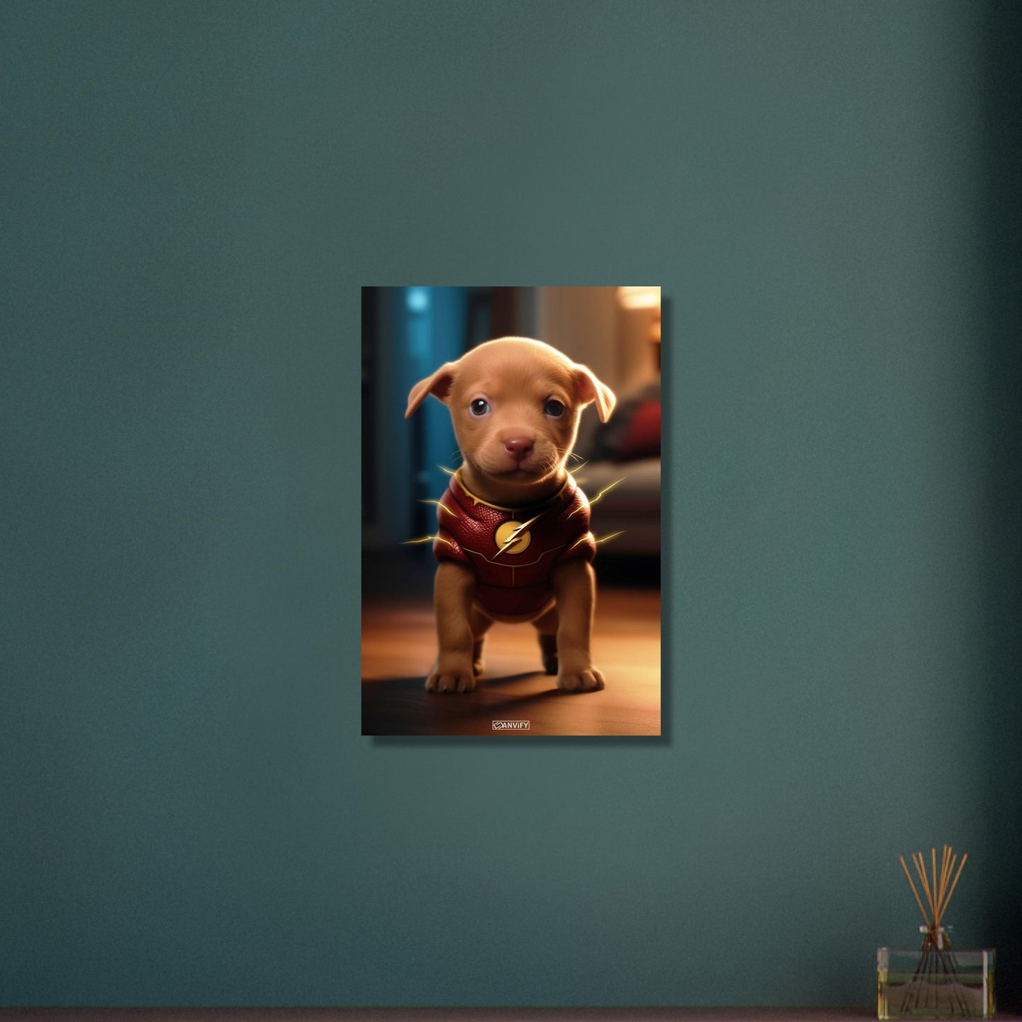 Golden Retriever in einem Superhelden Kostüm von The Flash auf Aluminium
