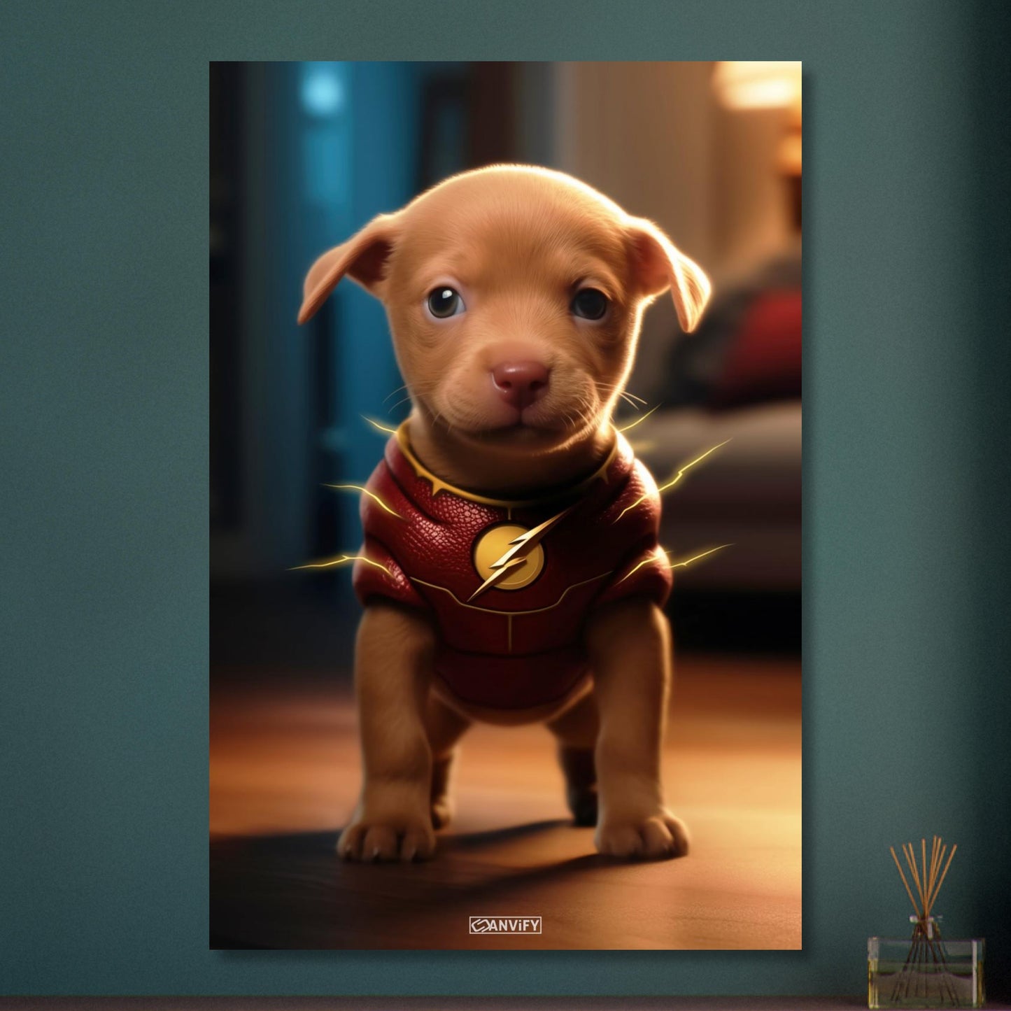 Golden Retriever in einem Superhelden Kostüm von The Flash auf Aluminium