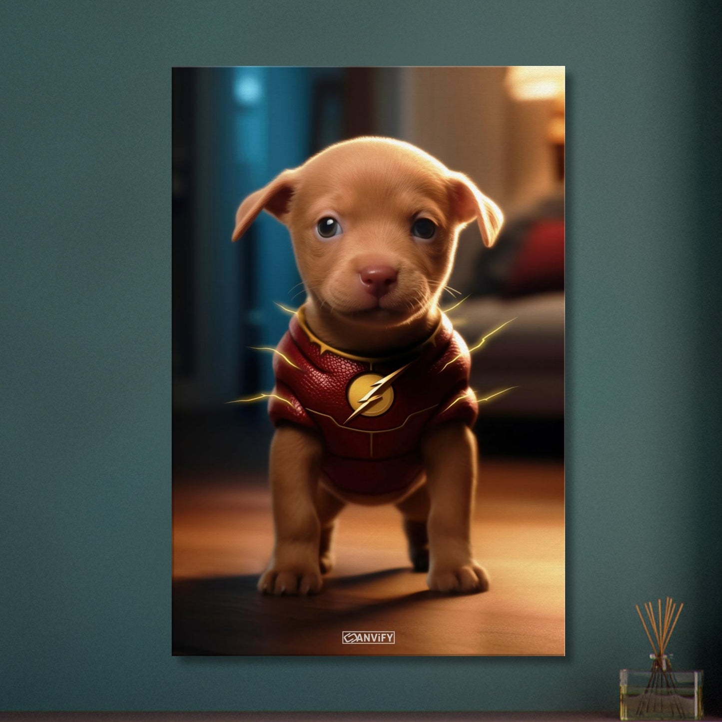 Golden Retriever in einem Superhelden Kostüm von The Flash auf einer Leinwand