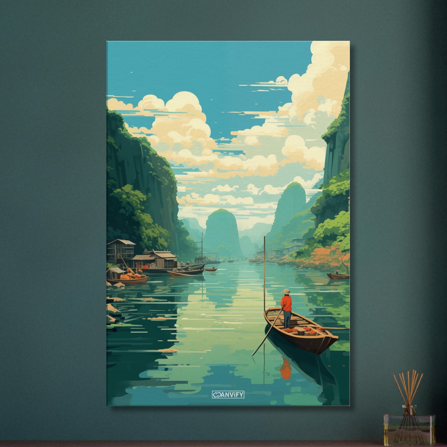 Sampan-Bootstour durch die Halong Bucht in Vietnam malerisch dargestellt auf einer Leinwand