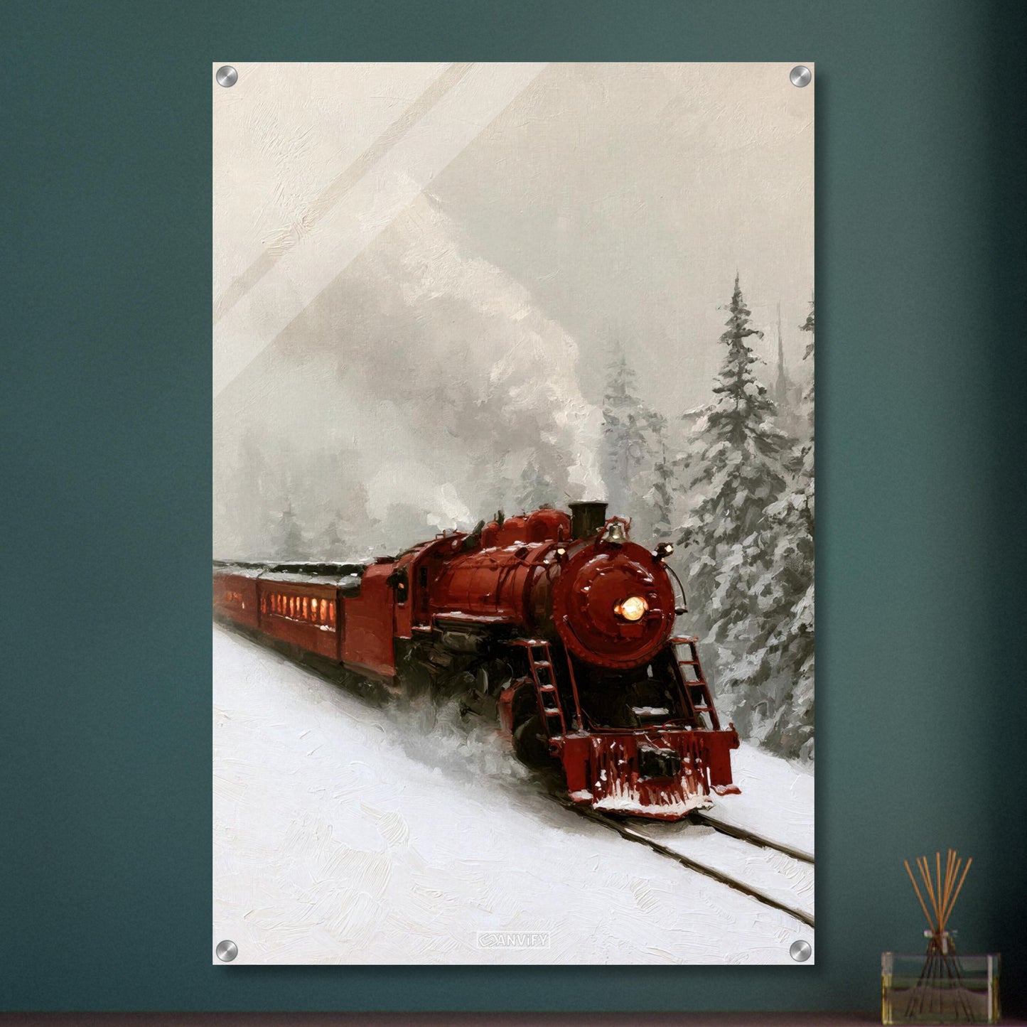 Rote Oldtimer-Dampflock im Schnee als Ölgemälde auf einem Acrylbild