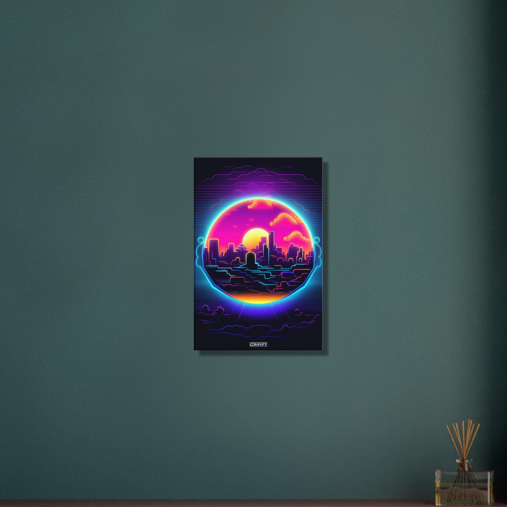 New York Skyline im einfachen Retrodesign und Blauen und Lila Farbtönen und auf einer Leinwand