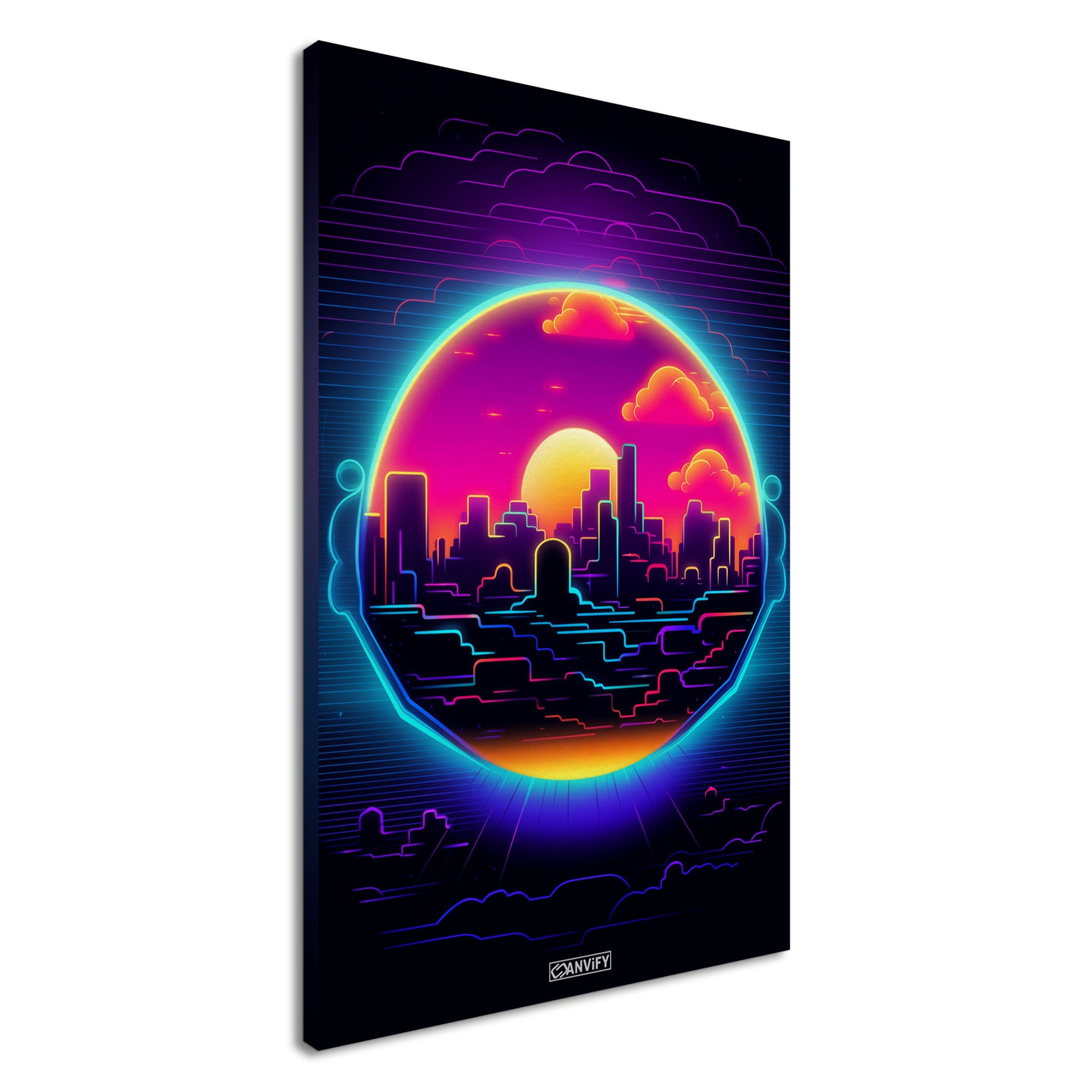 New York Skyline im einfachen Retrodesign und Blauen und Lila Farbtönen und auf einer Leinwand