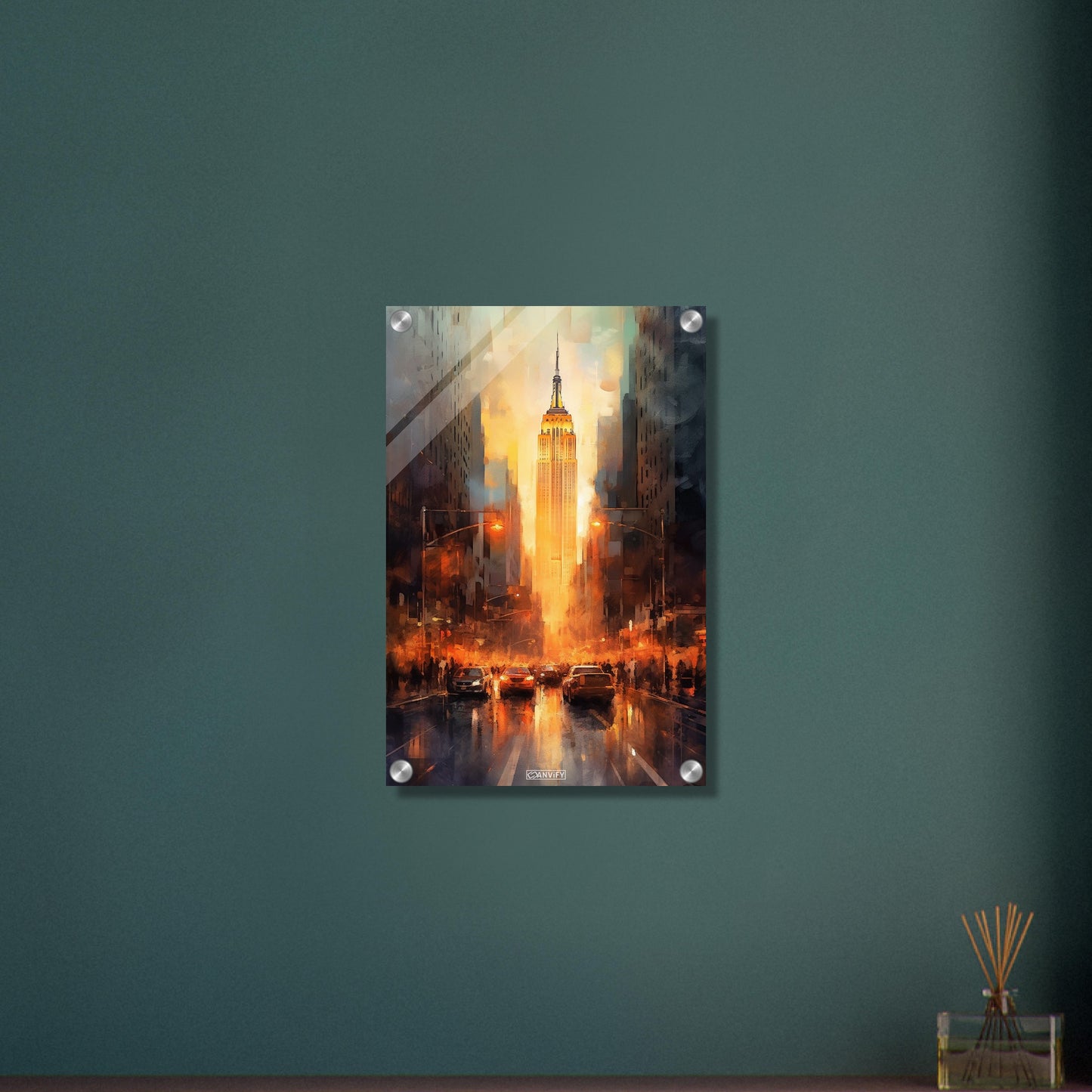 New York's Straße Fifth Avenue zum Empire State Building in Wasserfarbe auf einem Acrylbild