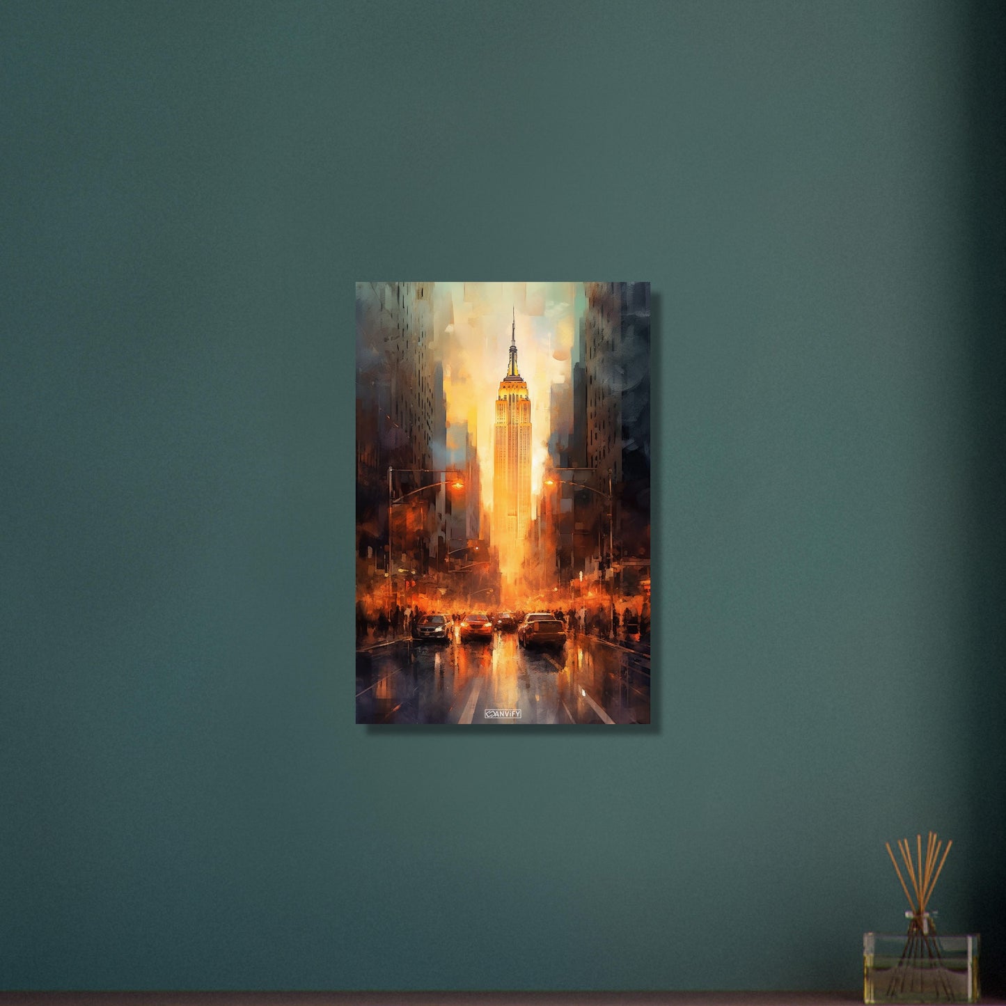 New York's Straße Fifth Avenue zum Empire State Building in Wasserfarbe auf Aluminium