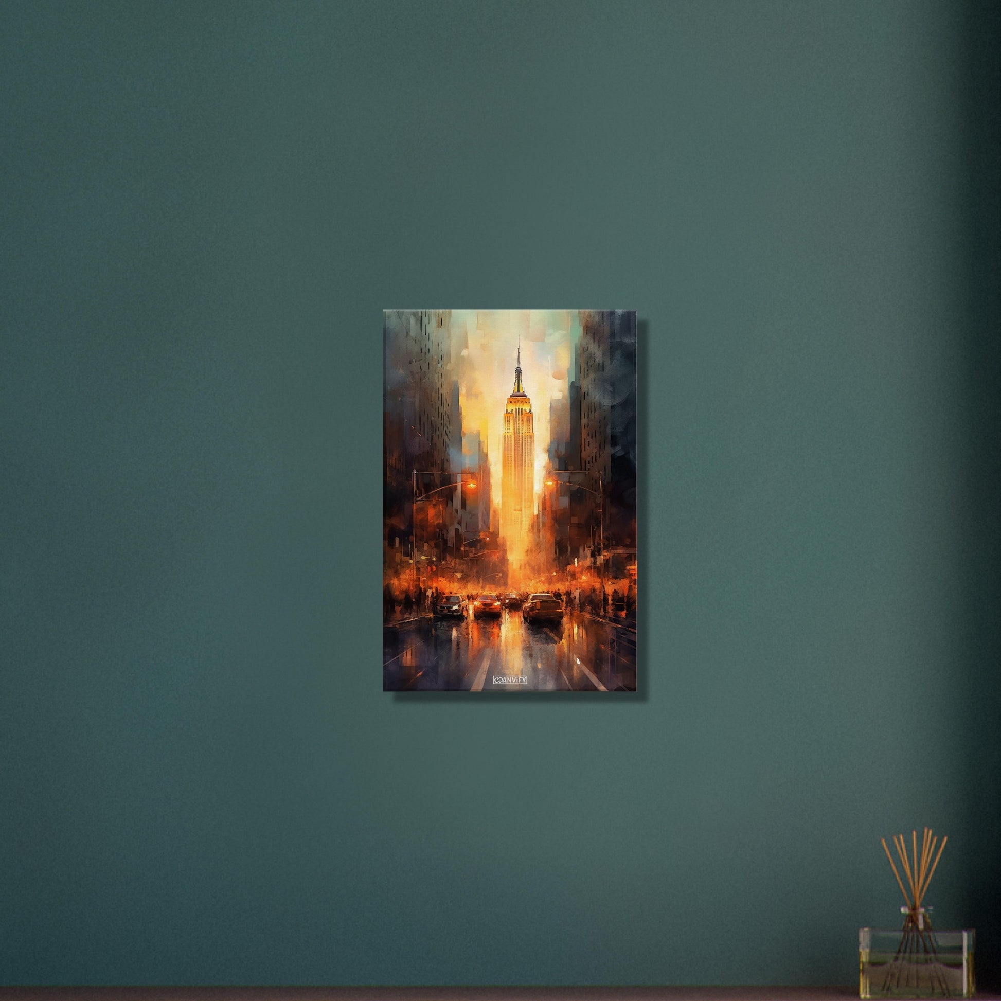 New York's Straße Fifth Avenue zum Empire State Building in Wasserfarbe auf einer Leinwand