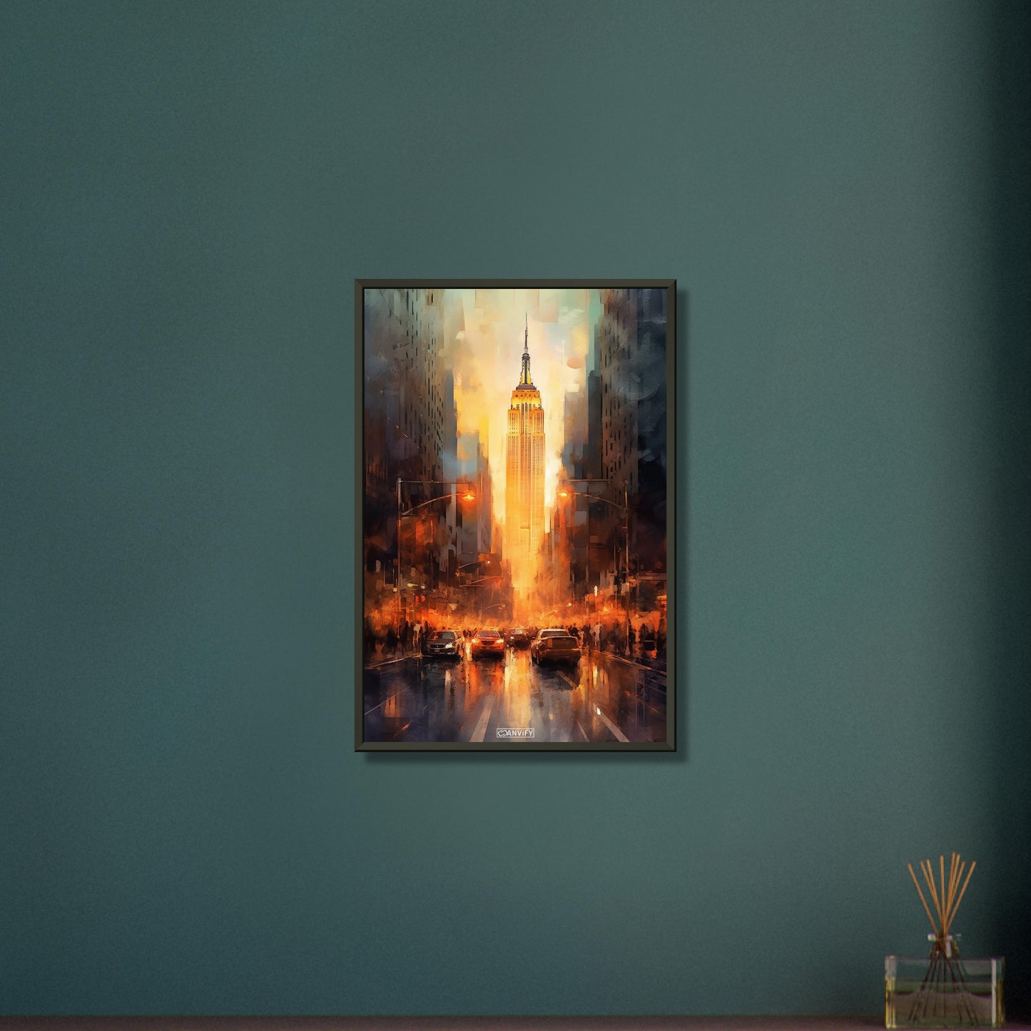 New York's Straße Fifth Avenue zum Empire State Building in Wasserfarbe auf einem Poster im Metallrahmen
