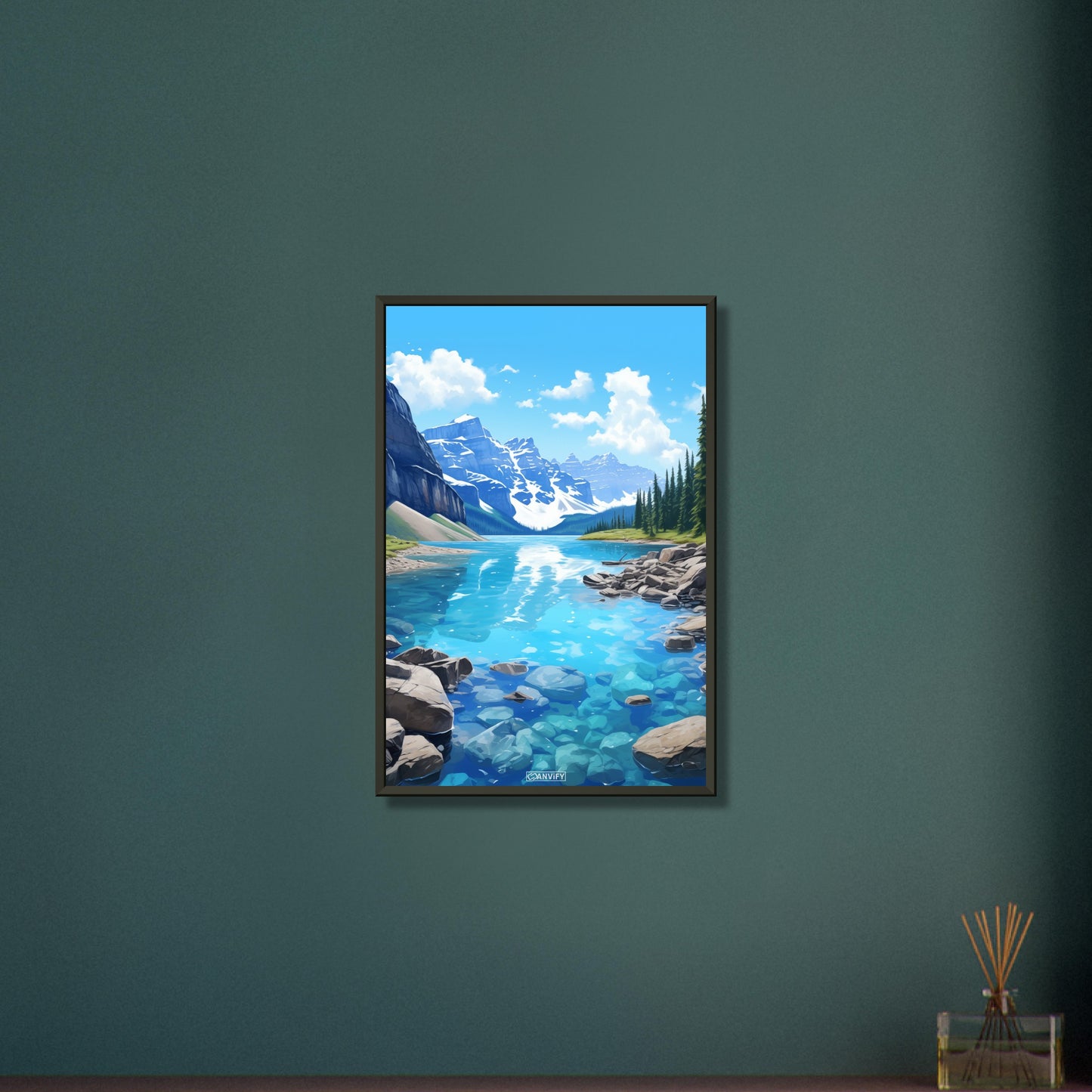 Lake Louise im Banff-Nationalpark malerisch dargestellt auf einem Poster im Metallrahmen