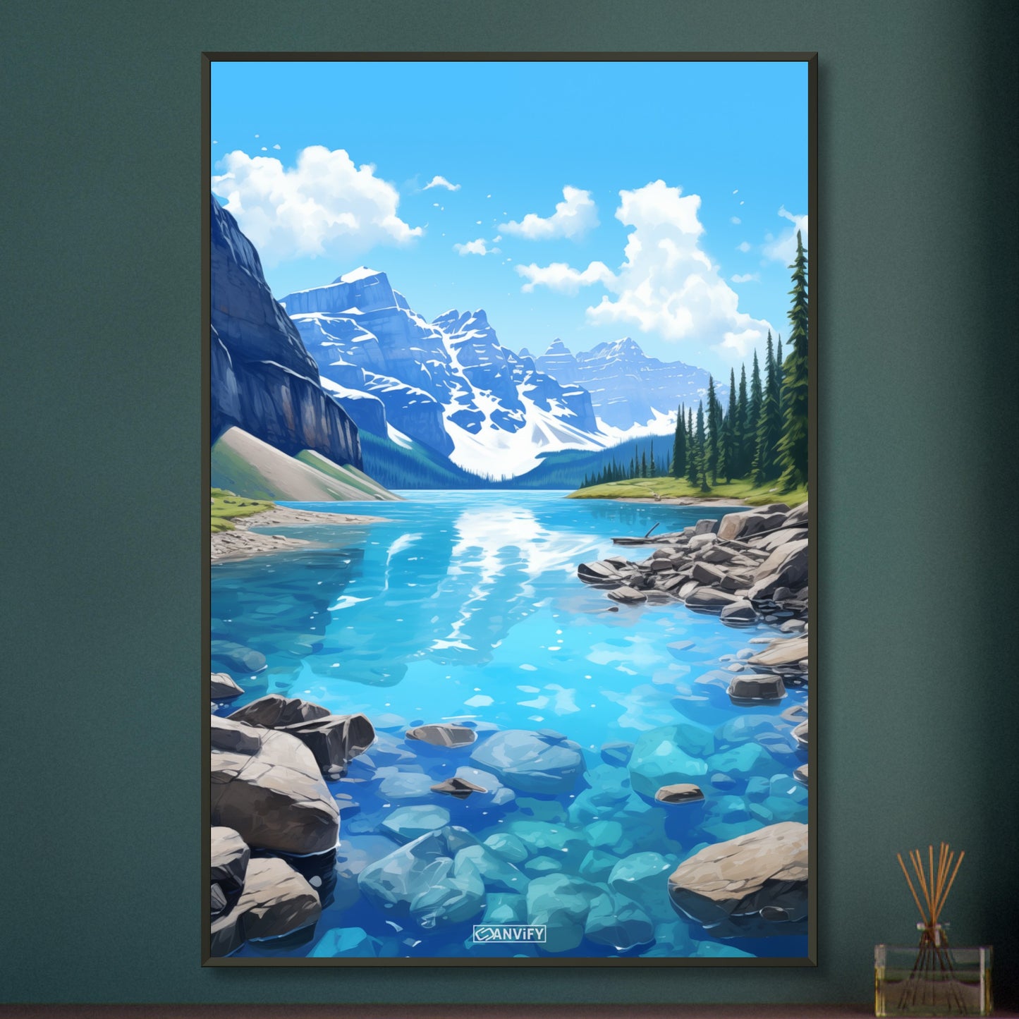 Lake Louise im Banff-Nationalpark malerisch dargestellt auf einem Poster im Metallrahmen