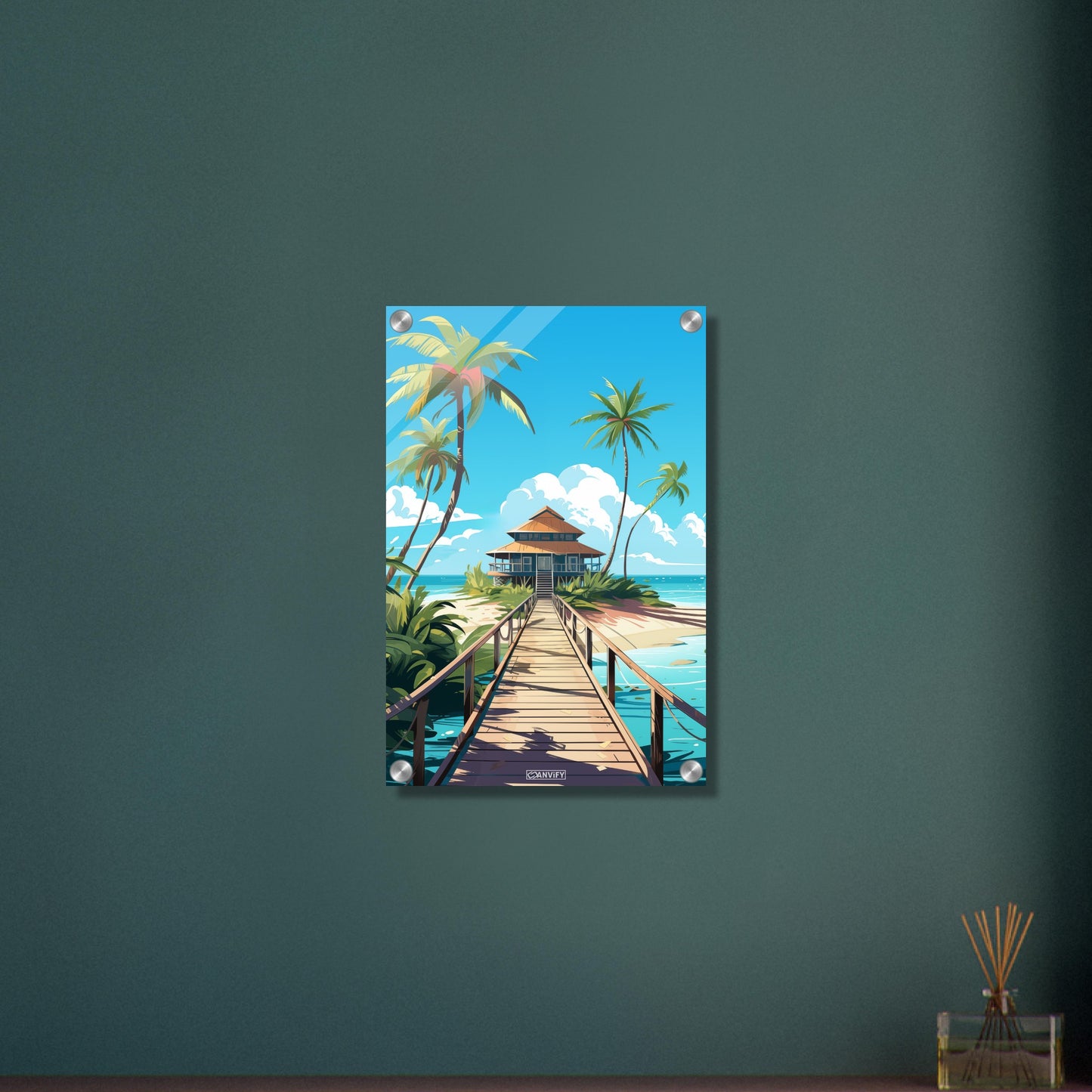 Bungalow mit Palmen auf den Malediven malerisch dargestellt auf einem Acrylbild