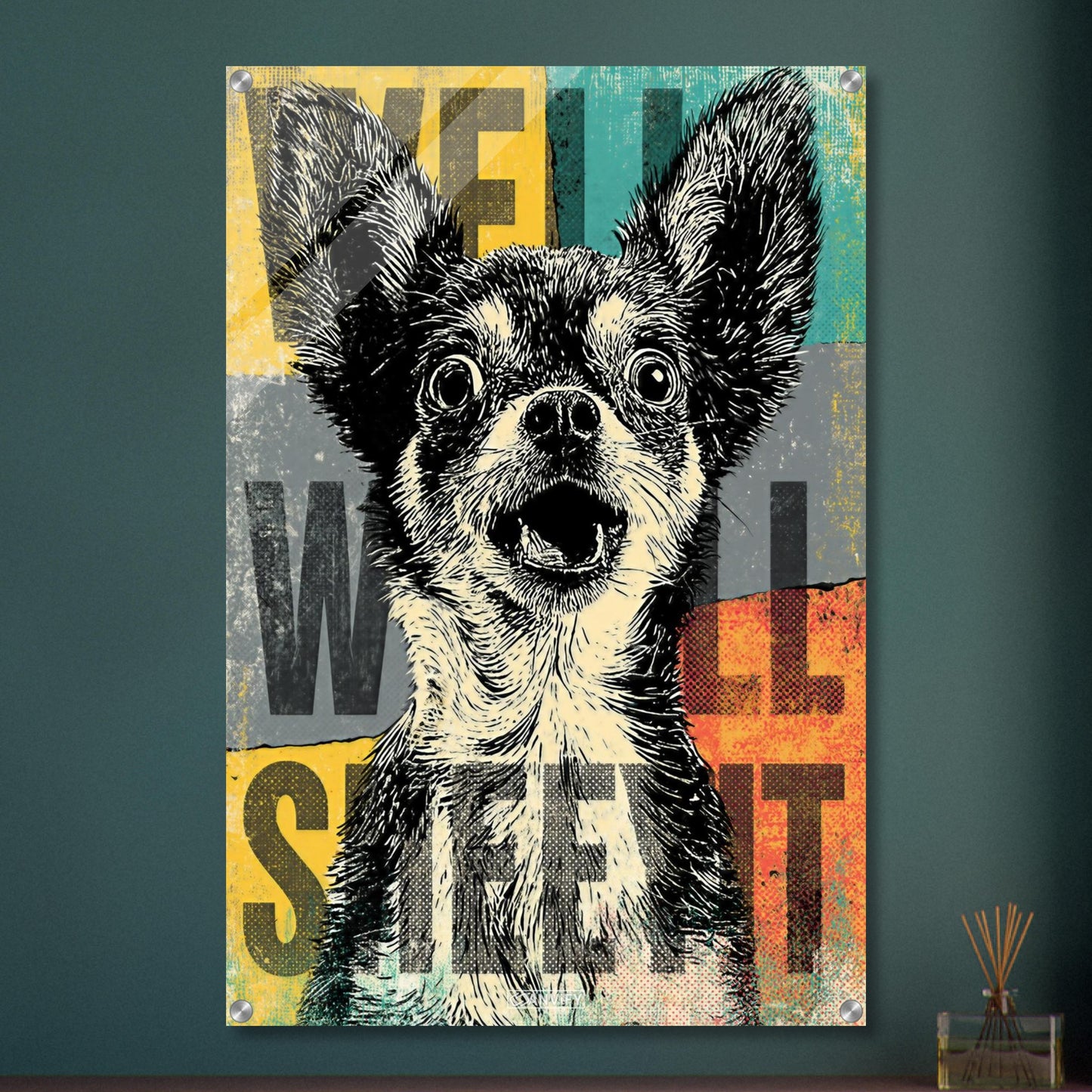 Zwergspitz im Pop Art Stil mit dem Satz "Well Sheeyit" auf einem Acrylbild