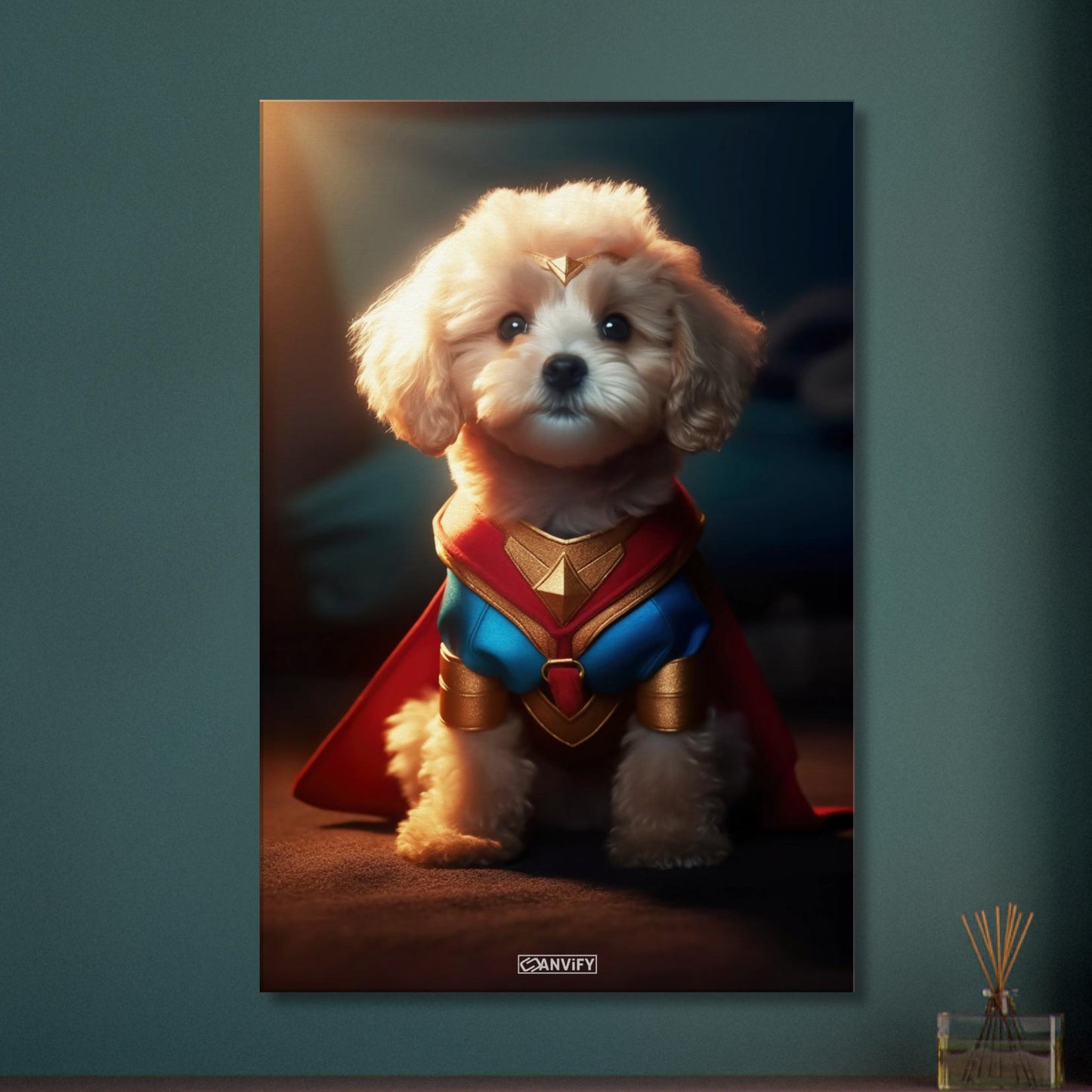 Maltipoo in einem Superhelden Kostüm von Wonder Woman auf einer Leinwand