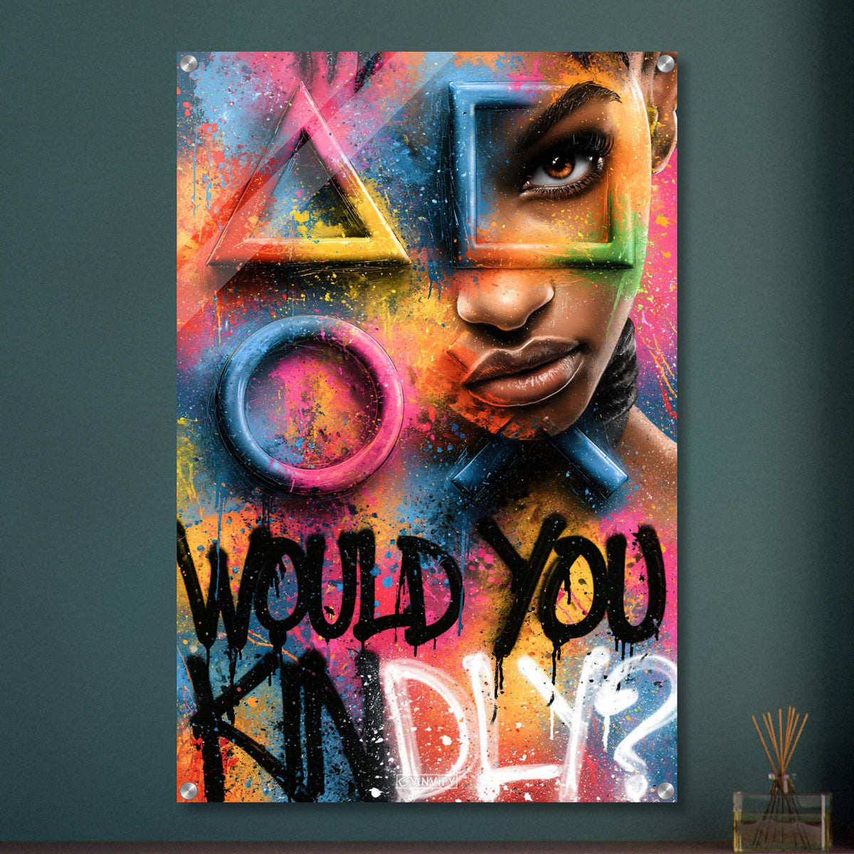 Playstation Symbole in bunten Farben mit einer Frau und einem Spruch 'Would You Kindly' im Graffiti Street Art Stil auf einem Acrylbild