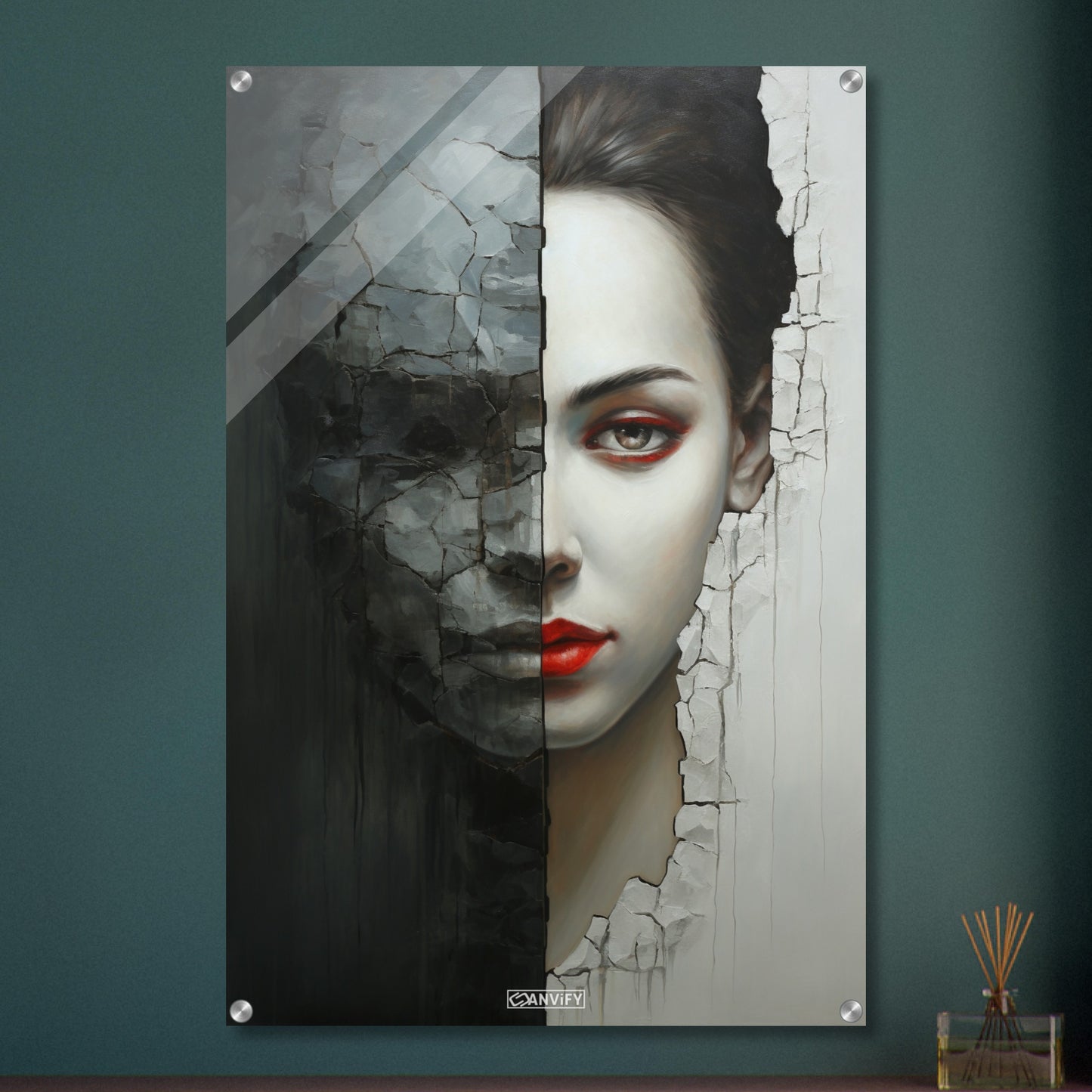 Abstraktes Frauengesicht mit roten Lippen und einer versteinerten hälfte des Gesichts auf einem Acrylbild