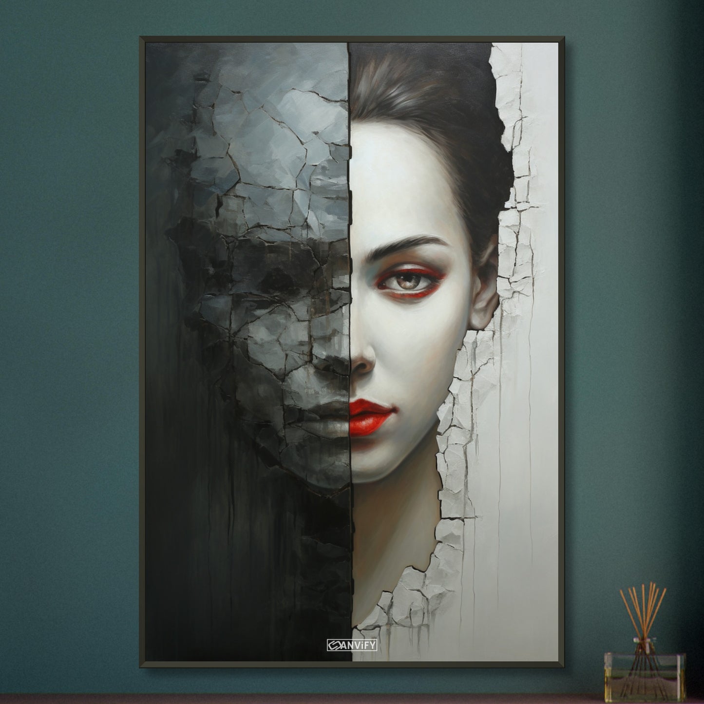Abstraktes Frauengesicht mit roten Lippen und einer versteinerten hälfte des Gesichts auf einem Poster im Metallrahmen